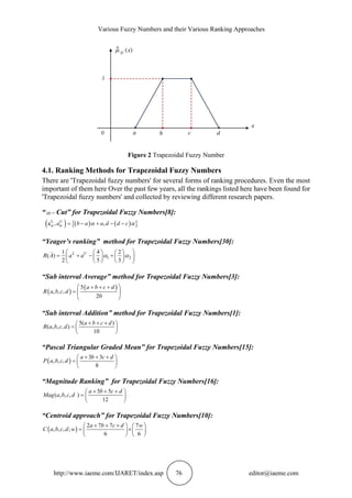 Various Fuzzy Numbers and their Various Ranking Approaches
http://www.iaeme.com/IJARET/index.asp 76 editor@iaeme.com
Figure 2 Trapezoidal Fuzzy Number
4.1. Ranking Methods for Trapezoidal Fuzzy Numbers
There are 'Trapezoidal fuzzy numbers' for several forms of ranking procedures. Even the most
important of them here Over the past few years, all the rankings listed here have been found for
'Trapezoidal fuzzy numbers' and collected by reviewing different research papers.
“ −
 Cut” for Trapezoidal Fuzzy Numbers[8]:
( ) ( ) ( )
 
L
a , ,
= − + − −
U
a b a a d d c
   
“Yeager’s ranking” method for Trapezoidal Fuzzy Numbers[30]:
1 2
1 4 2
( )
2 5 3
 
   
= + − +
 
   
   
 
L U
R A a a  
“Sub interval Average” method for Trapezoidal Fuzzy Numbers[3]:
( )
( )
5
, , ,
20
+ + +
 
=  
 
a b c d
R a b c d
“Sub interval Addition” method for Trapezoidal Fuzzy Numbers[1]:
5( )
( , , , )
10
+ + +
 
=  
 
a b c d
R a b c d
“Pascal Triangular Graded Mean” for Trapezoidal Fuzzy Numbers[15]:
( )
3 3
, , ,
8
+ + +
 
=  
 
a b c d
P a b c d
“Magnitude Ranking” for Trapezoidal Fuzzy Numbers[16]:
5 5
( , , , )
12
+ + +
 
=  
 
a b c d
Mag a b c d
“Centroid approach” for Trapezoidal Fuzzy Numbers[10]:
( )
2 7 7 7
, , , ;
6 6
+ + +
   
= 
   
   
a b c d w
C a b c d w
 