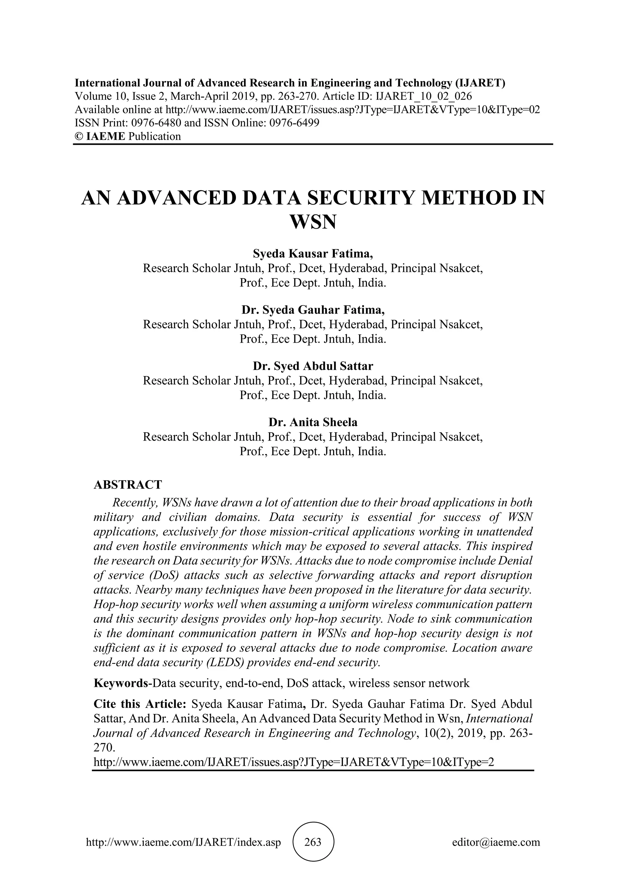 AN ADVANCED DATA SECURITY METHOD IN WSN | PDF