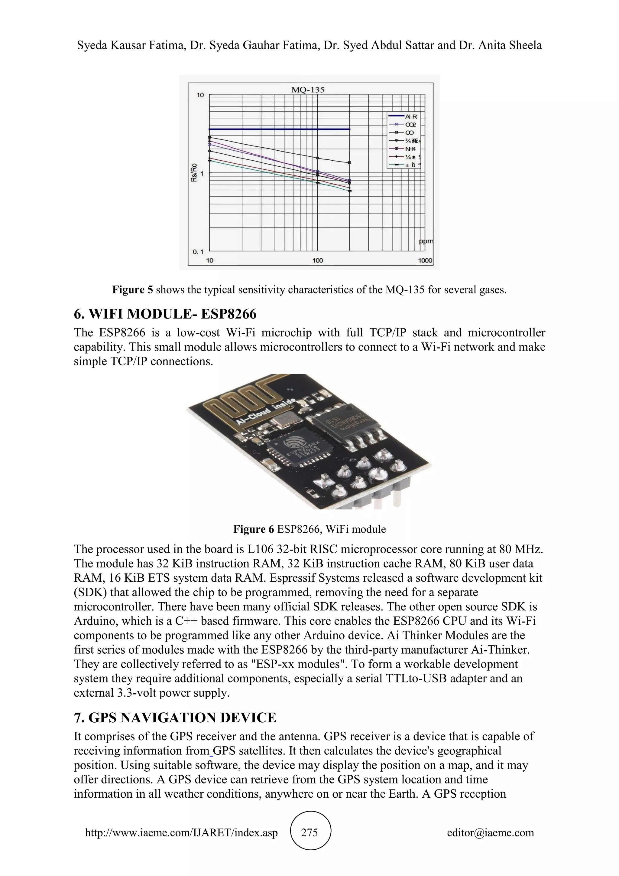 Syeda Kausar Fatima, Dr. Syeda Gauhar Fatima, Dr. Syed Abdul Sattar and Dr. Anita Sheela
http://www.iaeme.com/IJARET/index.asp 275 editor@iaeme.com
Figure 5 shows the typical sensitivity characteristics of the MQ-135 for several gases.
6. WIFI MODULE- ESP8266
The ESP8266 is a low-cost Wi-Fi microchip with full TCP/IP stack and microcontroller
capability. This small module allows microcontrollers to connect to a Wi-Fi network and make
simple TCP/IP connections.
Figure 6 ESP8266, WiFi module
The processor used in the board is L106 32-bit RISC microprocessor core running at 80 MHz.
The module has 32 KiB instruction RAM, 32 KiB instruction cache RAM, 80 KiB user data
RAM, 16 KiB ETS system data RAM. Espressif Systems released a software development kit
(SDK) that allowed the chip to be programmed, removing the need for a separate
microcontroller. There have been many official SDK releases. The other open source SDK is
Arduino, which is a C++ based firmware. This core enables the ESP8266 CPU and its Wi-Fi
components to be programmed like any other Arduino device. Ai Thinker Modules are the
first series of modules made with the ESP8266 by the third-party manufacturer Ai-Thinker.
They are collectively referred to as "ESP-xx modules". To form a workable development
system they require additional components, especially a serial TTLto-USB adapter and an
external 3.3-volt power supply.
7. GPS NAVIGATION DEVICE
It comprises of the GPS receiver and the antenna. GPS receiver is a device that is capable of
receiving information from GPS satellites. It then calculates the device's geographical
position. Using suitable software, the device may display the position on a map, and it may
offer directions. A GPS device can retrieve from the GPS system location and time
information in all weather conditions, anywhere on or near the Earth. A GPS reception
 