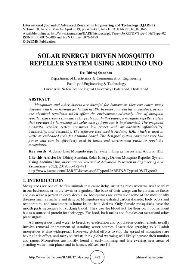 Solar Energy Driven Mosquito Repeller System Using Arduino Uno