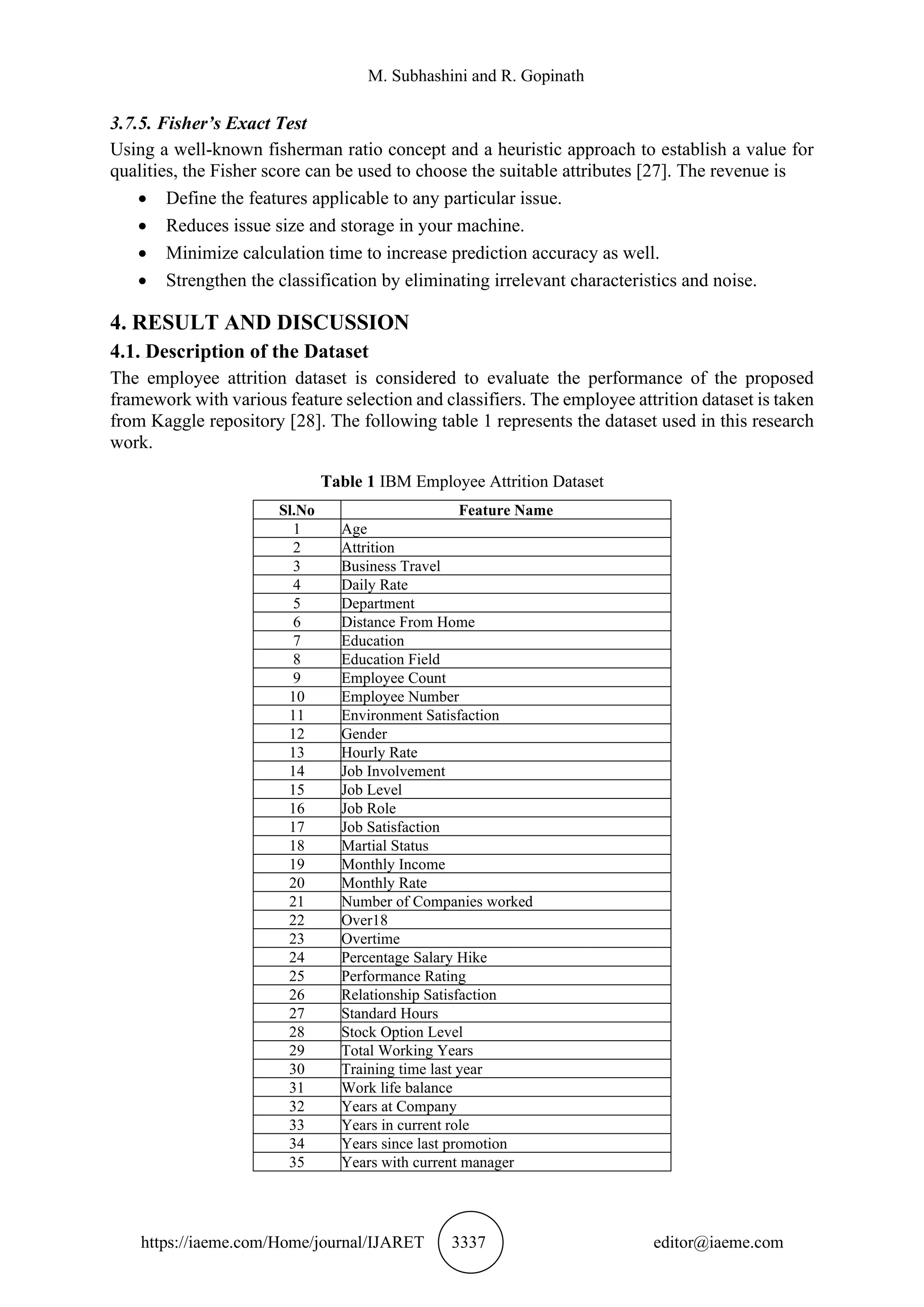 M. Subhashini and R. Gopinath
https://iaeme.com/Home/journal/IJARET 3337 editor@iaeme.com
3.7.5. Fisher’s Exact Test
Using a well-known fisherman ratio concept and a heuristic approach to establish a value for
qualities, the Fisher score can be used to choose the suitable attributes [27]. The revenue is
• Define the features applicable to any particular issue.
• Reduces issue size and storage in your machine.
• Minimize calculation time to increase prediction accuracy as well.
• Strengthen the classification by eliminating irrelevant characteristics and noise.
4. RESULT AND DISCUSSION
4.1. Description of the Dataset
The employee attrition dataset is considered to evaluate the performance of the proposed
framework with various feature selection and classifiers. The employee attrition dataset is taken
from Kaggle repository [28]. The following table 1 represents the dataset used in this research
work.
Table 1 IBM Employee Attrition Dataset
Sl.No Feature Name
1 Age
2 Attrition
3 Business Travel
4 Daily Rate
5 Department
6 Distance From Home
7 Education
8 Education Field
9 Employee Count
10 Employee Number
11 Environment Satisfaction
12 Gender
13 Hourly Rate
14 Job Involvement
15 Job Level
16 Job Role
17 Job Satisfaction
18 Martial Status
19 Monthly Income
20 Monthly Rate
21 Number of Companies worked
22 Over18
23 Overtime
24 Percentage Salary Hike
25 Performance Rating
26 Relationship Satisfaction
27 Standard Hours
28 Stock Option Level
29 Total Working Years
30 Training time last year
31 Work life balance
32 Years at Company
33 Years in current role
34 Years since last promotion
35 Years with current manager
 