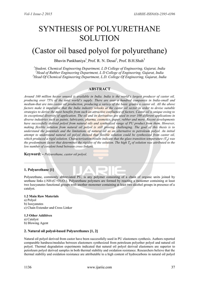 Synthesis of Polyurethane Solution (Castor oil based polyol for