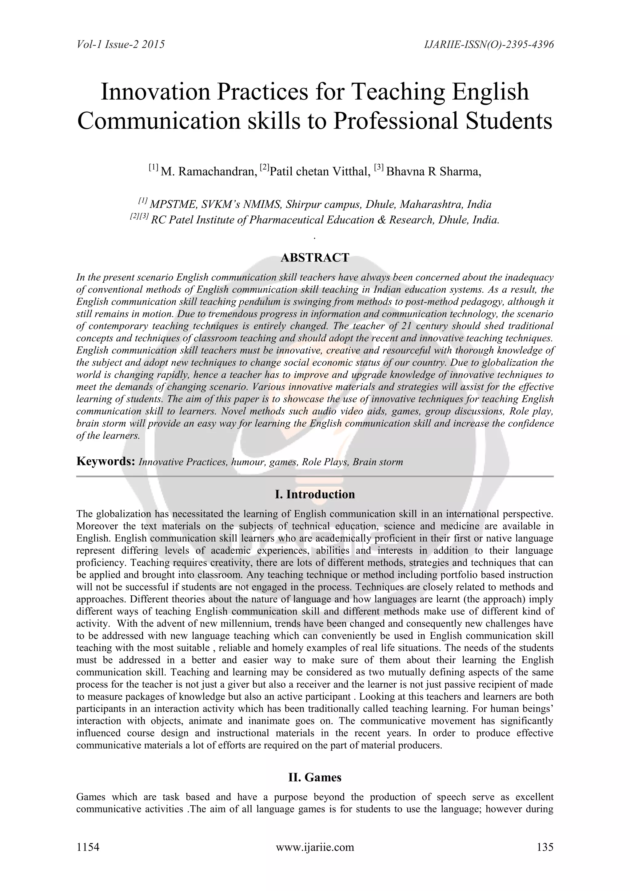 Innovation Practices for Teaching English Communication skills to ...