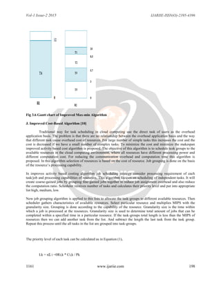 Vol-1 Issue-2 2015 IJARIIE-ISSN(O)-2395-4396
1161 www.ijariie.com 198
Fig 3.6 Gantt chart of Improved Max-min Algorithm
J. Improved Cost-Based Algorithm [10]
Traditional way for task scheduling in cloud computing use the direct task of users as the overhead
application basis. The problem is that there are no relationship between the overhead application basis and the way
that different task cause overhead cost of resources. For large number of simple tasks this increases the cost and the
cost is decreased if we have a small number of complex tasks. To minimize the cost and minimize the makespan
improved activity based cost algorithm is proposed. The objective of this algorithm is to schedule task groups to the
available resources in the cloud computing environment, where all resources have different processing power and
different computation cost. For reducing the communication overhead and computation time this algorithm is
proposed. In this algorithm selection of resources is based on the cost of resource. Job grouping is done on the basis
of the resource‟s processing capability.
In improves activity based costing algorithm job scheduling strategy consider processing requirement of each
task/job and processing capabilities of resources. This algorithm focuses on scheduling of independent tasks. It will
create coarse-gained jobs by grouping fine-gained jobs together to reduce job assignment overhead and also reduce
the computation ratio. Scheduler receives number of tasks and calculates their priority level and put into appropriate
list high, medium, low.
Now job grouping algorithm is applied to this lists to allocate the task-groups to different available resources. Then
scheduler gathers characteristics of available resources. Select particular resource and multiplies MIPS with the
granularity size. Grouping is done according to the capability of the resource. Granularity size is the time within
which a job is processed at the resources. Granularity size is used to determine total amount of jobs that can be
completed within a specified time in a particular resource. If the task-groups total length is less than the MIPS of
resources then we can add another task from the list. And subtract the length the last task from the task group.
Repeat this process until the all tasks in the list are grouped into task-groups.
The priority level of each task can be calculated as in Equation (1),
Lk = nΣ i =0Ri,k * Ci,k / Pk
 