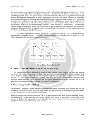 Vol-1 Issue-2 2015 IJARIIE-ISSN(O)-2395-4396
1161 www.ijariie.com 189
the situation where some nodes are heavily loaded and some are lightly loaded. Though the algorithm is very simple
and easy to implement but there is an additional load on the scheduler to decide the time quantum. Round-rubin
scheduling algorithm doesn‟t give special priority to more important tasks. This means an urgent request doesn't get
handled any faster than other requests in queue. Throughput is low as the large process is holding up the Central
processing unit for execution. In round rubin, equal amount of time will be assigned to each and every process for
execution, but it can frustrate those with medium-length tasks. And it will take a more time to execute small task. For
example in the supermarket its only allows shoppers to check out 11 items at a time. People with 10 or fewer items
are unaffected. People with 100 items take longer, but there's a sense of fairness for loads that size. A customer with
10 items should go to the end of the line after checking out 10, making her wait in line seem longer than is normally
appropriate. This isn't a problem for computers, but it can frustrate users and customers. Another disadvantage is that
it will not consider the current load of the servers.
As shown in figure 3.1 there are three resources R1, R2, R3 and five tasks T1,T2, T3, T4 and T5. Here time
slice/quantum is predefined. So tasks T1 and T4 are scheduled on resource R1 for a fixed time slot. And tasks T2 and
T5 are scheduled on R2. Last one is scheduled on resource R3.
Fig 3.1 Round Rubin Algorithm [3]
B. OPPORTUNISTIC LOAD BALANCING ALGORITHM (OLB) [5]
This algorithm consider the allocated job request of each available virtual machine and assign the selected
unexecuted task to the available virtual machine which has the lowest load among all the virtual machines. OLB
assign the job in random order without considering the expectation execution time for the job on that virtual
machine. As a result it provides better load balanced but it gives poor overall completion time (makespan). This
algorithm is very simple and easy to implement and each virtual machine often keep busy. The main goal of OLB
algorithm is to maintain load balance and makes each node in a working state.
C. Minimum Completion Time (MCT) [3]
The Minimum Completion Time job scheduling algorithm dispatches the selected job to the available VM that can
provide the minimum completion time. Due to this reason there are some tasks to be assigned to machines that do
not have the minimum execution time for them. The main
Idea of determining the minimum completion time in the scheduling algorithm is the processor speed and the cur-
rent load on each VM. The algorithm first scans the available VMs in order to determine the most suitable virtual
machine to perform the unexecuted job then dispatches that virtual machine and starts execution. Minimum
Completion time is calculated according to this equation:
 