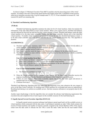 Vol-1 Issue-2 2015 IJARIIE-ISSN(O)-2395-4396
1161 www.ijariie.com 192
As shown in figure 3.3 Minimum Execution Time (MCT) considers only the processing power of the virtual
machine. According to the ratio of processing speed and the task length current task is scheduled on that resource
which gives minimum execution time. In given example tasks T1, T2, T3, T4 are scheduled on resource R1. And
resource R2 and R3 are remaining idle.
E. Throttled Load Balancing Algorithm
(TLB) [6]
Throttled load balancing algorithm maintains the index list for all virtual machines. Index list maintain the
information of the state (Busy/Ideal) of each virtual machine. When a new request arrives, throttled load balancer
scan the indexed list from the top until the first free virtual machine is found. Throttled load balance return the ideal
virtual machine id to the data center controller. Further, the data center controller allocate job to that identified
virtual machine. If suitable virtual machine is not present to execute the task then throttled load balancer returns -1
to the data center controller and it will queued until the any one virtual machine becomes free. This algorithm is
dynamic.
ALGORITHM [7]:
1) Throttled load balancer maintains index Table of virtual machines and state (BUSY/AVAILABLE) of
virtual machines. At the starting all virtual machines are free.
2) Data Center Controller receives a job request.
3) Data Center Controller sends the request to the Throttled Load Balancer for the allocation of request.
4) Throttled Load Balancer starts with the available virtual machine list from the first index for the availability
of free virtual machine.
Case 1: if virtual machine found then
a. the Throttled Load Balancer returns the Virtual Machine id to the Data Center Controller
b. Data Center Controller sends the request to that identified virtual machine.
c. Data Center Controller notifies the Throttled Load Balancer of the new allocation of job
d. Throttled Load Balancer updates the allocation Table
Case 2: if no Virtual machine is found
a. The Throttled Load Balancer returns -1.
5) When the Virtual machine finishes execution of the request, and the Data Center Controller receives the
response cloudlet, it notifies the Throttled Load Balancer of the Virtual machine deallocation.
6) If there are more requests, Data Center Controller repeats step 4 with first index again and process is
repeated until size of index Table is reached.
7) Continues from step 2.
Throttled Load Balancing Algorithm parse the index from the beginning every time whenever the new request is
arrive at the Data Center Controller. So resulting some virtual machines are overloaded and some are underutilized.
Resulting load sharing is not uniform on available servers. And also resources utilization is not properly done by this
algorithm.
Another major disadvantage is that this algorithm does not consider the advance load balancing requirements like
execution time and completion time of each request on the available resources for the load balancing [2]
F. Equally Spread Current Execution Algorithm (ESCE) [2]
In Equally spread current execution technique load balancer spread equal load to all the available servers or
virtual machines which connected with the data centre. Load balancer maintains an index Table which contains the
record of Virtual machines and number of requests currently assigned to the Virtual Machine (VM). If the request
comes from the data centre to allocate the new VM, it scans the index Table and fine the least loaded virtual
 
