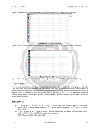 Vol-1 Issue-2 2015 IJARIIE-ISSN(O)-2395-4396
1170 www.ijariie.com 259
Figure 9 shows the result analysis of the existing and proposed system of the packet ratio delivery.
Fig 10 Result of End-to-End Delay
Figure 10 shows the result analysis of the existing and proposed system of the Average End-to-End Delay
Fig 5.11 Result of Throughput
Figure 11 shows the result analysis of the existing and proposed system of the Average End-to-End Delay.
5. CONCLUSIONS
The proposed algorithm focus on the evaluating the accurate trust value of each node. In the proposed algorithm
Trust is evaluated based on direct and indirect observation of the node. The direct observation is evaluated based on
Bayesian interface and indirect observation based on Dempster Shafer theory. Combination of these two values in
the trust model, is use to obtain more precise trust value of the nodes in MANETs. Also parameters used in the
existing system such as Throughput, Average End-to-End Delay will be improved and the other experimental
parameters will be added.
REFERENCES
[1]. Y. Wang, F. Yu, H. Tang, and M. Huang, “A mean field game theoretic approach for security
enhancements in mobile ad hoc networks,” IEEE Trans. Wireless Commun., vol. 13, no. 3, pp. 1616–
1627, 2014.
[2] Z. Wei, H. Tang, F. R. Yu, and M. Wang, “Security enhancement for mobile ad hoc networks routing
with OLSRv2,” in Proc. SPIE Defence, Security, and Sensing
2013, (Baltimore, MD, USA), Apr. 2013.
 
