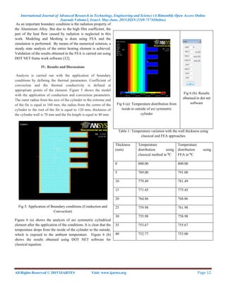 International Journal of Advanced Research in Technology, Engineering and Science (A Bimonthly Open Access Online
Journal) Volume2, Issue3, May-June, 2015.ISSN:2349-7173(Online)
All Rights Reserved © 2015 IJARTES Visit: www.ijartes.org  Page 12 
 
As an important boundary condition is the radiation property of
the Aluminium Alloy. But due to the high film coefficient, the
part of the heat flow caused by radiation is neglected in this
work. Modeling and Meshing is done using FEA and the
simulation is performed. By means of the numerical solution, a
steady state analysis of the entire heating element is achieved.
Validation of the results obtained in the FEA is carried out using
DOT NET frame work software [12].
IV. Results and Discussions
Analysis is carried out with the application of boundary
conditions by defining the thermal parameters. Coefficient of
convection and the thermal conductivity is defined at
appropriate points of the element. Figure 5 shows the model
with the application of conduction and convection parameters.
The outer radius from the axis of the cylinder to the extreme end
of the fin is equal to 160 mm, the radius from the centre of the
cylinder to the root of the fin is equal to 120 mm, thickness of
the cylinder wall is 70 mm and the fin length is equal to 40 mm.
Fig 5: Application of Boundary conditions (Conduction and
Convection)
Figure 6 (a) shows the analysis of axi symmetric cylindrical
element after the application of the conditions. It is clear that the
temperature drops from the inside of the cylinder to the outside,
which is exposed to the ambient temperature. Figure 6 (b)
shows the results obtained using DOT NET software for
classical equation.
Fig 6 (a): Temperature distribution from
inside to outside of axi symmetric
cylinder
Fig 6 (b): Results
obtained in dot net
software
Table 1: Temperature variation with the wall thickness using
classical and FEA approaches
Thickness
(mm)
Temperature
distribution using
classical method in ⁰C
Temperature
distribution using
FEA in ⁰C
0 800.00 800.00
5 789.00 791.00
10 779.49 781.49
15 771.45 775.45
20 764.86 768.86
25 759.98 761.98
30 755.98 758.98
35 753.67 755.67
40 752.77 753.00
 