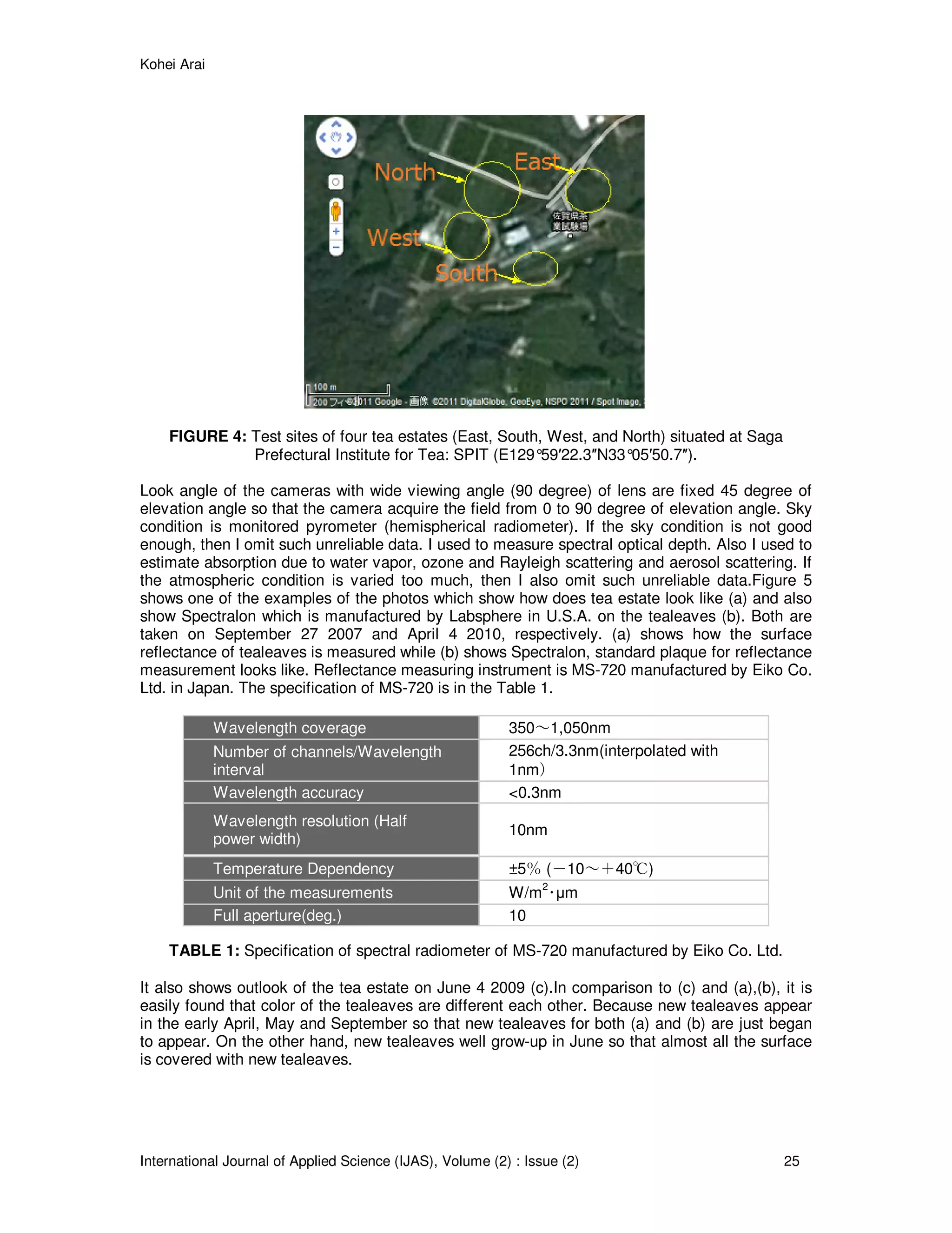 Kohei Arai
International Journal of Applied Science (IJAS), Volume (2) : Issue (2) 25
FIGURE 4: Test sites of four tea estates (East, South, West, and North) situated at Saga
Prefectural Institute for Tea: SPIT (E129°59′22.3″N33°05′50.7″).
Look angle of the cameras with wide viewing angle (90 degree) of lens are fixed 45 degree of
elevation angle so that the camera acquire the field from 0 to 90 degree of elevation angle. Sky
condition is monitored pyrometer (hemispherical radiometer). If the sky condition is not good
enough, then I omit such unreliable data. I used to measure spectral optical depth. Also I used to
estimate absorption due to water vapor, ozone and Rayleigh scattering and aerosol scattering. If
the atmospheric condition is varied too much, then I also omit such unreliable data.Figure 5
shows one of the examples of the photos which show how does tea estate look like (a) and also
show Spectralon which is manufactured by Labsphere in U.S.A. on the tealeaves (b). Both are
taken on September 27 2007 and April 4 2010, respectively. (a) shows how the surface
reflectance of tealeaves is measured while (b) shows Spectralon, standard plaque for reflectance
measurement looks like. Reflectance measuring instrument is MS-720 manufactured by Eiko Co.
Ltd. in Japan. The specification of MS-720 is in the Table 1.
Wavelength coverage 350～1,050nm
Number of channels/Wavelength
interval
256ch/3.3nm(interpolated with
1nm）
Wavelength accuracy <0.3nm
Wavelength resolution (Half
power width)
10nm
Temperature Dependency ±5％ (－10～＋40℃)
Unit of the measurements W/m2
･µm
Full aperture(deg.) 10
TABLE 1: Specification of spectral radiometer of MS-720 manufactured by Eiko Co. Ltd.
It also shows outlook of the tea estate on June 4 2009 (c).In comparison to (c) and (a),(b), it is
easily found that color of the tealeaves are different each other. Because new tealeaves appear
in the early April, May and September so that new tealeaves for both (a) and (b) are just began
to appear. On the other hand, new tealeaves well grow-up in June so that almost all the surface
is covered with new tealeaves.
 
