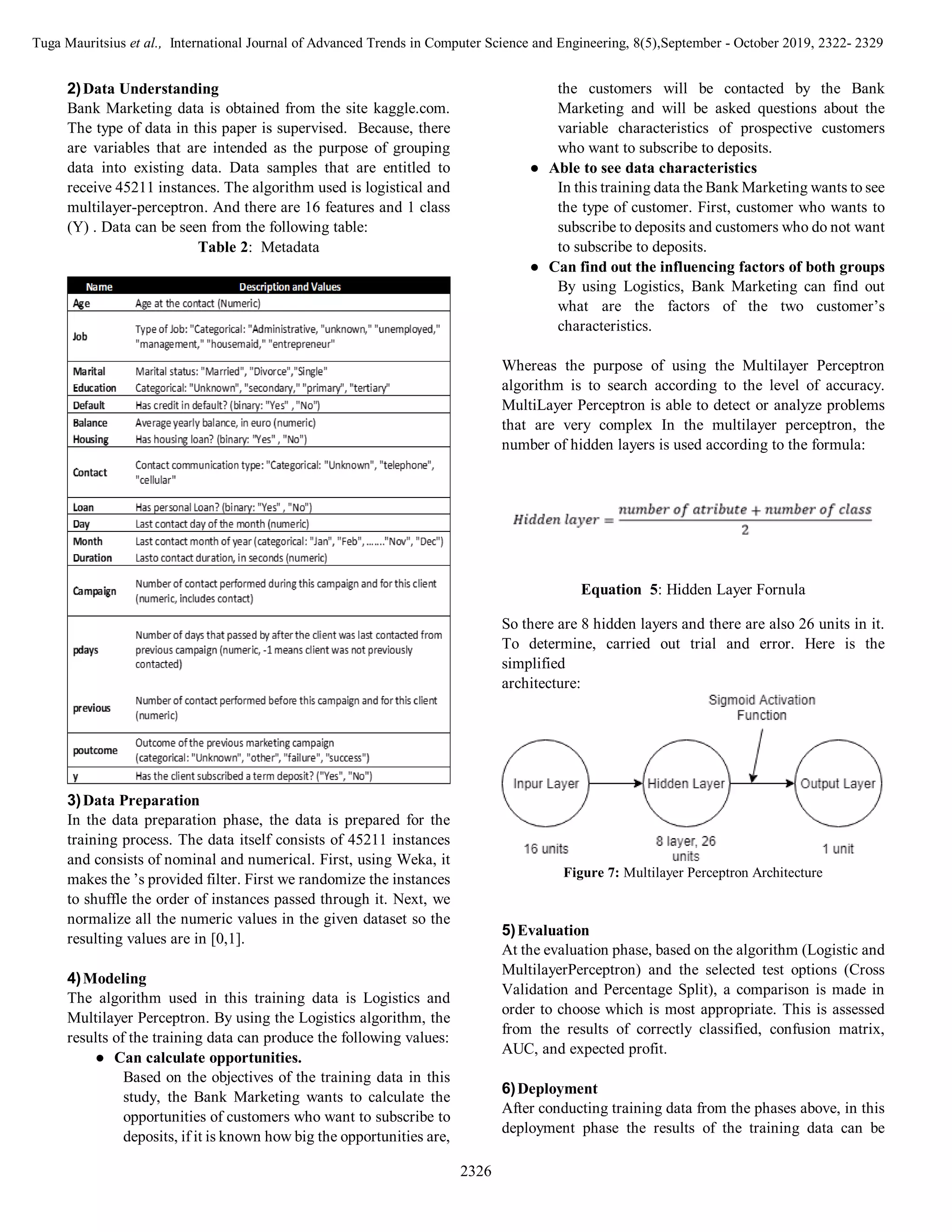 Tuga Mauritsius et al., International Journal of Advanced Trends in Computer Science and Engineering, 8(5),September - October 2019, 2322- 2329
2326
2)Data Understanding
Bank Marketing data is obtained from the site kaggle.com.
The type of data in this paper is supervised. Because, there
are variables that are intended as the purpose of grouping
data into existing data. Data samples that are entitled to
receive 45211 instances. The algorithm used is logistical and
multilayer-perceptron. And there are 16 features and 1 class
(Y) . Data can be seen from the following table:
Table 2: Metadata
3)Data Preparation
In the data preparation phase, the data is prepared for the
training process. The data itself consists of 45211 instances
and consists of nominal and numerical. First, using Weka, it
makes the ’s provided filter. First we randomize the instances
to shuffle the order of instances passed through it. Next, we
normalize all the numeric values in the given dataset so the
resulting values are in [0,1].
4)Modeling
The algorithm used in this training data is Logistics and
Multilayer Perceptron. By using the Logistics algorithm, the
results of the training data can produce the following values:
● Can calculate opportunities.
Based on the objectives of the training data in this
study, the Bank Marketing wants to calculate the
opportunities of customers who want to subscribe to
deposits, if it is known how big the opportunities are,
the customers will be contacted by the Bank
Marketing and will be asked questions about the
variable characteristics of prospective customers
who want to subscribe to deposits.
● Able to see data characteristics
In this training data the Bank Marketing wants to see
the type of customer. First, customer who wants to
subscribe to deposits and customers who do not want
to subscribe to deposits.
● Can find out the influencing factors of both groups
By using Logistics, Bank Marketing can find out
what are the factors of the two customer’s
characteristics.
Whereas the purpose of using the Multilayer Perceptron
algorithm is to search according to the level of accuracy.
MultiLayer Perceptron is able to detect or analyze problems
that are very complex In the multilayer perceptron, the
number of hidden layers is used according to the formula:
Equation 5: Hidden Layer Fornula
So there are 8 hidden layers and there are also 26 units in it.
To determine, carried out trial and error. Here is the
simplified
architecture:
Figure 7: Multilayer Perceptron Architecture
5)Evaluation
At the evaluation phase, based on the algorithm (Logistic and
MultilayerPerceptron) and the selected test options (Cross
Validation and Percentage Split), a comparison is made in
order to choose which is most appropriate. This is assessed
from the results of correctly classified, confusion matrix,
AUC, and expected profit.
6)Deployment
After conducting training data from the phases above, in this
deployment phase the results of the training data can be
 