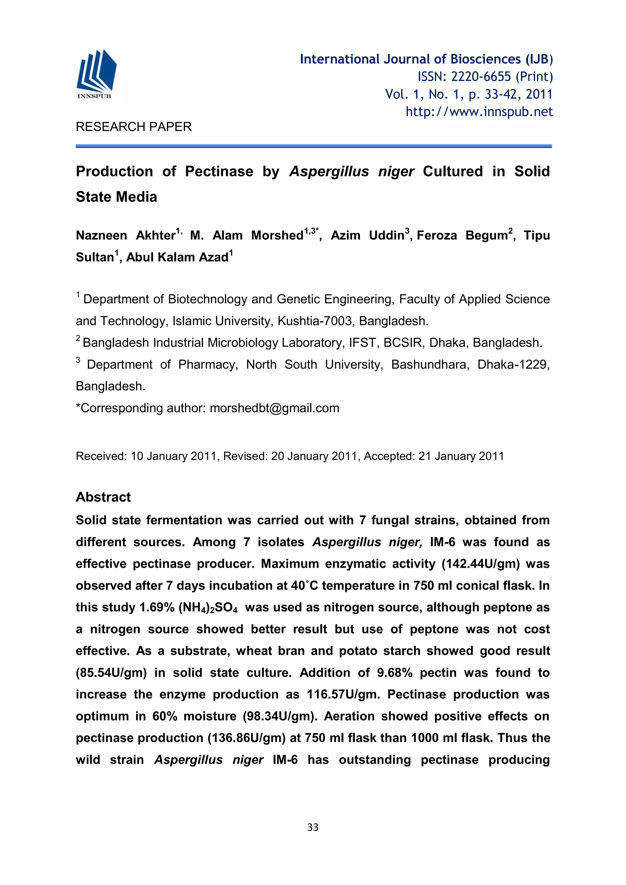 Production of Pectinase by Aspergillus niger Cultured in Solid State