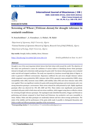 Screening of Wheat (Triticum durum) for drought tolerance in semiarid ...