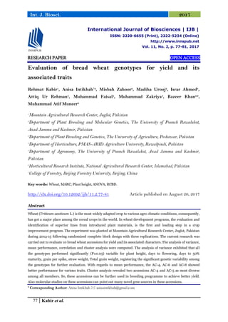 Evaluation of bread wheat genotypes for yield and its associated traits ...