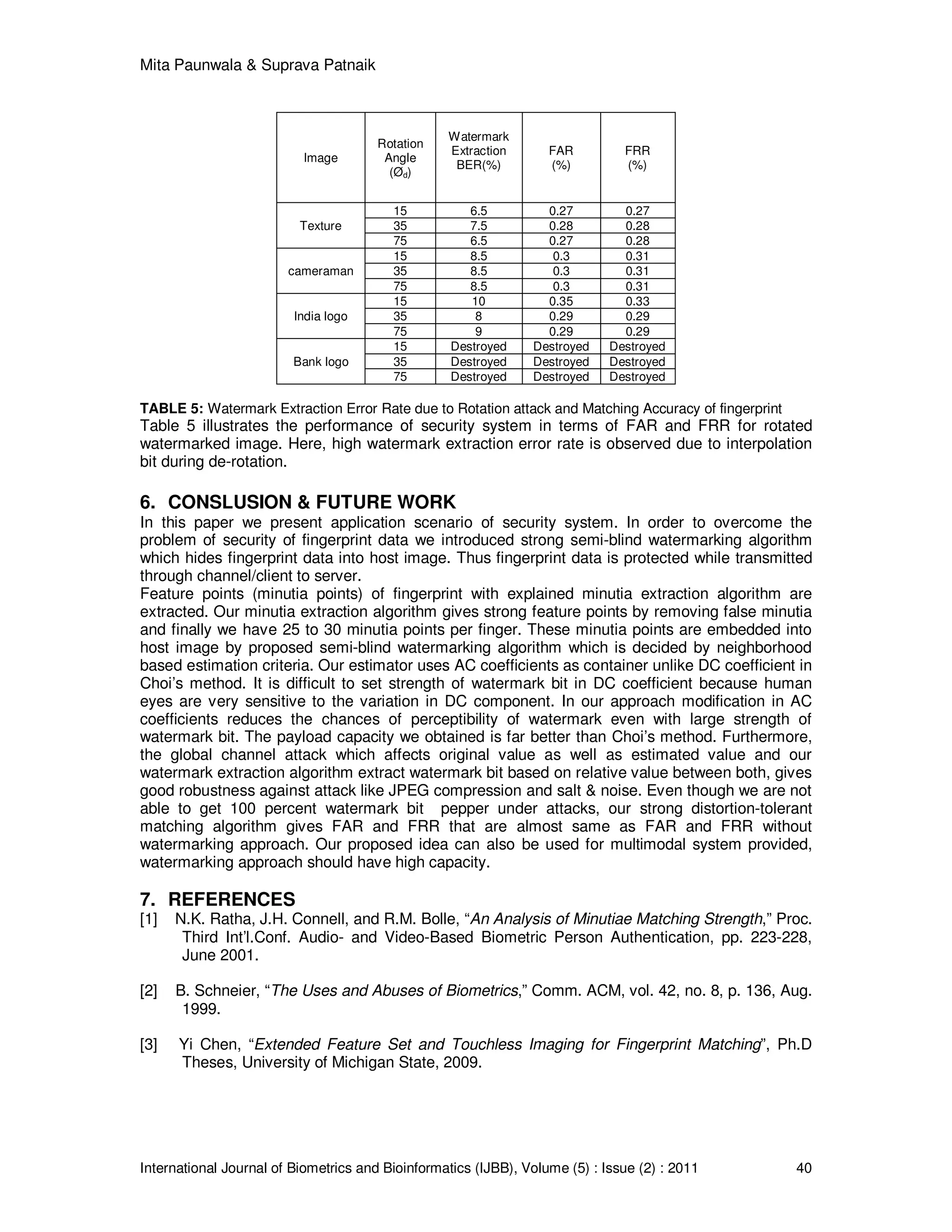 Mita Paunwala & Suprava Patnaik
International Journal of Biometrics and Bioinformatics (IJBB), Volume (5) : Issue (2) : 2011 40
Image
Rotation
Angle
(Ød)
Watermark
Extraction
BER(%)
FAR
(%)
FRR
(%)
Texture
15 6.5 0.27 0.27
35 7.5 0.28 0.28
75 6.5 0.27 0.28
cameraman
15 8.5 0.3 0.31
35 8.5 0.3 0.31
75 8.5 0.3 0.31
India logo
15 10 0.35 0.33
35 8 0.29 0.29
75 9 0.29 0.29
Bank logo
15 Destroyed Destroyed Destroyed
35 Destroyed Destroyed Destroyed
75 Destroyed Destroyed Destroyed
TABLE 5: Watermark Extraction Error Rate due to Rotation attack and Matching Accuracy of fingerprint
Table 5 illustrates the performance of security system in terms of FAR and FRR for rotated
watermarked image. Here, high watermark extraction error rate is observed due to interpolation
bit during de-rotation.
6. CONSLUSION & FUTURE WORK
In this paper we present application scenario of security system. In order to overcome the
problem of security of fingerprint data we introduced strong semi-blind watermarking algorithm
which hides fingerprint data into host image. Thus fingerprint data is protected while transmitted
through channel/client to server.
Feature points (minutia points) of fingerprint with explained minutia extraction algorithm are
extracted. Our minutia extraction algorithm gives strong feature points by removing false minutia
and finally we have 25 to 30 minutia points per finger. These minutia points are embedded into
host image by proposed semi-blind watermarking algorithm which is decided by neighborhood
based estimation criteria. Our estimator uses AC coefficients as container unlike DC coefficient in
Choi’s method. It is difficult to set strength of watermark bit in DC coefficient because human
eyes are very sensitive to the variation in DC component. In our approach modification in AC
coefficients reduces the chances of perceptibility of watermark even with large strength of
watermark bit. The payload capacity we obtained is far better than Choi’s method. Furthermore,
the global channel attack which affects original value as well as estimated value and our
watermark extraction algorithm extract watermark bit based on relative value between both, gives
good robustness against attack like JPEG compression and salt & noise. Even though we are not
able to get 100 percent watermark bit pepper under attacks, our strong distortion-tolerant
matching algorithm gives FAR and FRR that are almost same as FAR and FRR without
watermarking approach. Our proposed idea can also be used for multimodal system provided,
watermarking approach should have high capacity.
7. REFERENCES
[1] N.K. Ratha, J.H. Connell, and R.M. Bolle, “An Analysis of Minutiae Matching Strength,” Proc.
Third Int’l.Conf. Audio- and Video-Based Biometric Person Authentication, pp. 223-228,
June 2001.
[2] B. Schneier, “The Uses and Abuses of Biometrics,” Comm. ACM, vol. 42, no. 8, p. 136, Aug.
1999.
[3] Yi Chen, “Extended Feature Set and Touchless Imaging for Fingerprint Matching”, Ph.D
Theses, University of Michigan State, 2009.
 