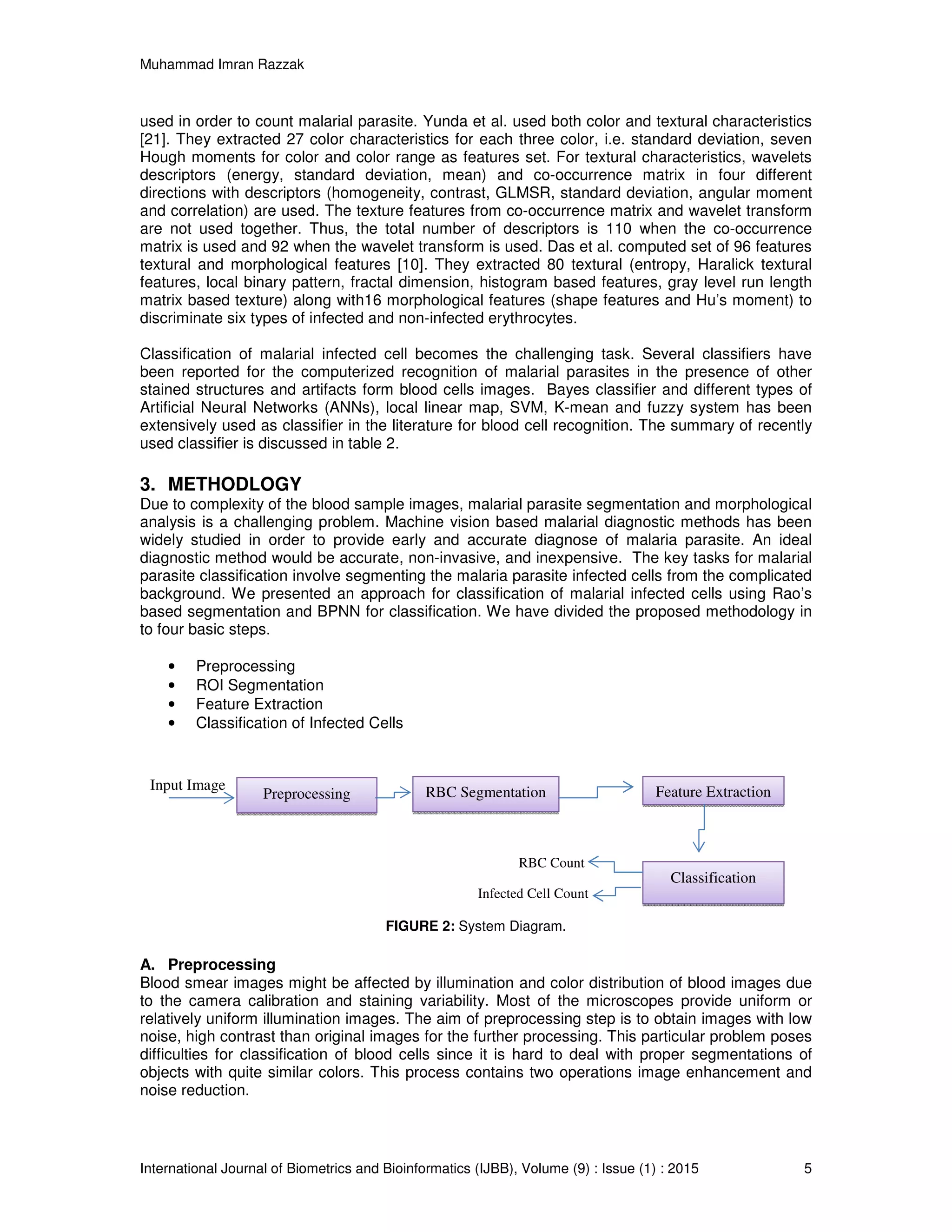 Muhammad Imran Razzak
International Journal of Biometrics and Bioinformatics (IJBB), Volume (9) : Issue (1) : 2015 5
used in order to count malarial parasite. Yunda et al. used both color and textural characteristics
[21]. They extracted 27 color characteristics for each three color, i.e. standard deviation, seven
Hough moments for color and color range as features set. For textural characteristics, wavelets
descriptors (energy, standard deviation, mean) and co-occurrence matrix in four different
directions with descriptors (homogeneity, contrast, GLMSR, standard deviation, angular moment
and correlation) are used. The texture features from co-occurrence matrix and wavelet transform
are not used together. Thus, the total number of descriptors is 110 when the co-occurrence
matrix is used and 92 when the wavelet transform is used. Das et al. computed set of 96 features
textural and morphological features [10]. They extracted 80 textural (entropy, Haralick textural
features, local binary pattern, fractal dimension, histogram based features, gray level run length
matrix based texture) along with16 morphological features (shape features and Hu’s moment) to
discriminate six types of infected and non-infected erythrocytes.
Classification of malarial infected cell becomes the challenging task. Several classifiers have
been reported for the computerized recognition of malarial parasites in the presence of other
stained structures and artifacts form blood cells images. Bayes classifier and different types of
Artificial Neural Networks (ANNs), local linear map, SVM, K-mean and fuzzy system has been
extensively used as classifier in the literature for blood cell recognition. The summary of recently
used classifier is discussed in table 2.
3. METHODLOGY
Due to complexity of the blood sample images, malarial parasite segmentation and morphological
analysis is a challenging problem. Machine vision based malarial diagnostic methods has been
widely studied in order to provide early and accurate diagnose of malaria parasite. An ideal
diagnostic method would be accurate, non-invasive, and inexpensive. The key tasks for malarial
parasite classification involve segmenting the malaria parasite infected cells from the complicated
background. We presented an approach for classification of malarial infected cells using Rao’s
based segmentation and BPNN for classification. We have divided the proposed methodology in
to four basic steps.
• Preprocessing
• ROI Segmentation
• Feature Extraction
• Classification of Infected Cells
FIGURE 2: System Diagram.
A. Preprocessing
Blood smear images might be affected by illumination and color distribution of blood images due
to the camera calibration and staining variability. Most of the microscopes provide uniform or
relatively uniform illumination images. The aim of preprocessing step is to obtain images with low
noise, high contrast than original images for the further processing. This particular problem poses
difficulties for classification of blood cells since it is hard to deal with proper segmentations of
objects with quite similar colors. This process contains two operations image enhancement and
noise reduction.
Preprocessing
Input Image RBC Segmentation Feature Extraction
Classification
Infected Cell Count
RBC Count
 