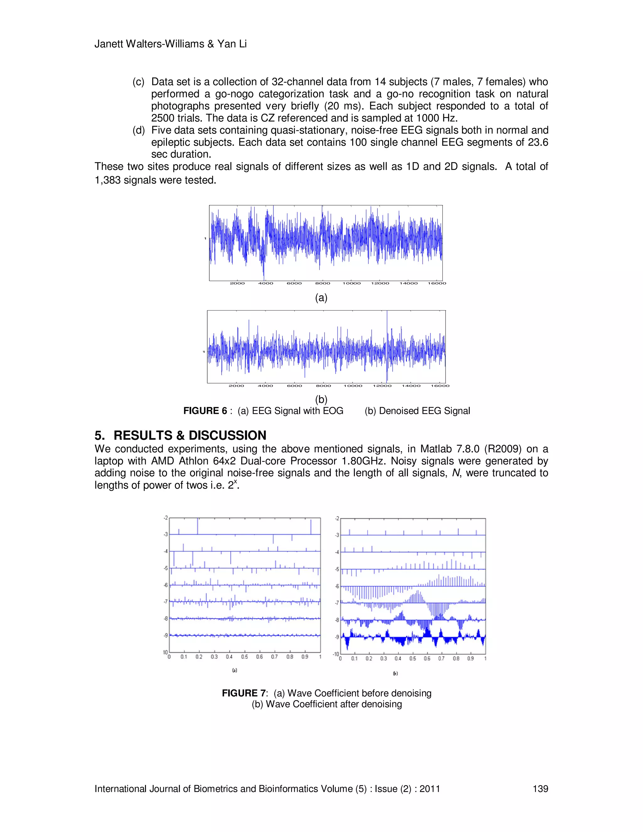 Janett Walters-Williams & Yan Li
International Journal of Biometrics and Bioinformatics Volume (5) : Issue (2) : 2011 139
(c) Data set is a collection of 32-channel data from 14 subjects (7 males, 7 females) who
performed a go-nogo categorization task and a go-no recognition task on natural
photographs presented very briefly (20 ms). Each subject responded to a total of
2500 trials. The data is CZ referenced and is sampled at 1000 Hz.
(d) Five data sets containing quasi-stationary, noise-free EEG signals both in normal and
epileptic subjects. Each data set contains 100 single channel EEG segments of 23.6
sec duration.
These two sites produce real signals of different sizes as well as 1D and 2D signals. A total of
1,383 signals were tested.
2000 4000 6000 8000 10000 12000 14000 16000
1
(a)
2000 4000 6000 8000 10000 12000 14000 16000
1
(b)
FIGURE 6 : (a) EEG Signal with EOG (b) Denoised EEG Signal
5. RESULTS & DISCUSSION
We conducted experiments, using the above mentioned signals, in Matlab 7.8.0 (R2009) on a
laptop with AMD Athlon 64x2 Dual-core Processor 1.80GHz. Noisy signals were generated by
adding noise to the original noise-free signals and the length of all signals, N, were truncated to
lengths of power of twos i.e. 2
x
.
FIGURE 7: (a) Wave Coefficient before denoising
(b) Wave Coefficient after denoising
 
