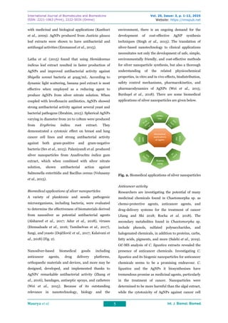 International Journal of Biomolecules and Biomedicine
ISSN: 2221-1063 (Print), 2222-503X (Online)
Vol. 20, Issue: 3, p. 1-12, 2025
Website: https://innspub.net
Maurya et al. 5 Int. J. Biomol. Biomed.
Int. J. Biomol. Biomed.
Int. J. Biomol. Biomed.
Int. J. Biomol. Biomed.
with medicinal and biological applications (Kasthuri
et al., 2009). AgNPs produced from Justicia glauca
leaf extracts were shown to have antibacterial and
antifungal activities (Emmanuel et al., 2015).
Latha et al. (2015) found that using Hemidesmus
indicus leaf extract resulted in faster production of
AgNPs and improved antibacterial activity against
Shigella sonnei bacteria at 40μg/mL. According to
dynamic light scattering, banana peel extract is most
effective when employed as a reducing agent to
produce AgNPs from silver nitrate solution. When
coupled with levofloxacin antibiotics, AgNPs showed
strong antibacterial activity against several yeast and
bacterial pathogens (Ibrahim, 2015). Spherical AgNPs
varying in diameter from 20 to 118nm were produced
from Erythrina indica root extract. They
demonstrated a cytotoxic effect on breast and lung
cancer cell lines and strong antibacterial activity
against both gram-positive and gram-negative
bacteria (Sre et al., 2015). Palaniyandi et al. produced
silver nanoparticles from Azadirachta indica gum
extract, which when combined with silver nitrate
solution, shown antibacterial action against
Salmonella enteritidis and Bacillus cereus (Velusamy
et al., 2015).
Biomedical applications of silver nanoparticles
A variety of planktonic and sessile pathogenic
microorganisms, including bacteria, were evaluated
to determine the effectiveness of biomaterials derived
from nanosilver as potential antibacterial agents
(Alshareef et al., 2017; Adur et al., 2018), viruses
(Etemadzade et al., 2016; Tamilselvan et al., 2017),
fungi, and yeasts (Dojčilović et al., 2017; Kalaivani et
al., 2018) (Fig. 2).
Nanosilver-based biomedical goods including
anticancer agents, drug delivery platforms,
orthopaedic materials and devices, and more may be
designed, developed, and implemented thanks to
AgNPs' remarkable antibacterial activity (Zhang et
al., 2016), bandages, antiseptic sprays, and catheters
(Wei et al., 2015). Because of its outstanding
relevance in nanotechnology, biology and the
environment, there is an ongoing demand for the
development of cost-effective AgNP synthesis
techniques (Singh et al., 2015). The translation of
silver-based nanotechnology to clinical applications
necessitates not only the development of safe, simple,
environmentally friendly, and cost-effective methods
for silver nanoparticle synthesis, but also a thorough
understanding of the related physicochemical
properties, in vitro and in vivo effects, biodistribution,
safety control mechanisms, pharmacokinetics, and
pharmacodynamics of AgNPs (Wei et al., 2015;
Burdușel et al., 2018). There are some biomedical
applications of silver nanoparticles are given below.
Fig. 2. Biomedical applications of silver nanoparticles
Anticancer activity
Researchers are investigating the potential of many
medicinal chemicals found in Chaetomorpha sp. as
chemo-protective agents, anticancer agents, and
drug-delivery systems for the treatment of cancer
(Jiang and Shi 2018; Rocha et al. 2018). The
secondary metabolites found in Chaetomorpha sp.
include phenols, sulfated polysaccharides, and
halogenated chemicals, in addition to proteins, carbs,
fatty acids, pigments, and more (Salehi et al., 2019).
GC-MS analysis of C. ligustica extracts revealed the
presence of anticancer chemicals. Investigating C.
ligustica and its biogenic nanoparticles for anticancer
chemicals seems to be a promising endeavour. C.
ligustica and the AgNPs it biosynthesises have
tremendous promise as medicinal agents, particularly
in the treatment of cancer. Nanoparticles were
determined to be more harmful than the algal extract,
while the cytotoxicity of AgNPs against cancer cell
 