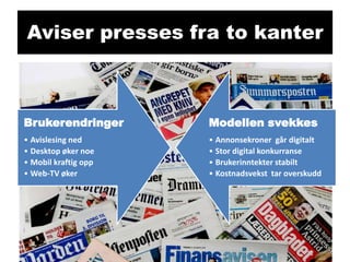 Aviser presses fra to kanter

Brukerendringer

Modellen svekkes

• Avislesing ned
• Desktop øker noe
• Mobil kraftig opp
• Web-TV øker

• Annonsekroner går digitalt
• Stor digital konkurranse
• Brukerinntekter stabilt
• Kostnadsvekst tar overskudd

 