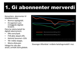 1. Gi abonnenter merverdi
Konvertere abonnenter til
totalabonnenter.
• Bremse opplagsfall.
• Få registrert som
innloggede digitale
brukere.
Flere tar ekstra betalt for
digitalt abonnement.
• DNs eavis/Ipad.
• FVN økte abopris 8%.
• Helsinki Sanomat +15%
• TB+ måtte stoppe.
• Moms-diskusjon
Viktigst for alle aboaviser, unntatt store globale.

Stavanger Aftenblad innførte betalingsmodell i mai.

 