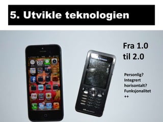 5. Utvikle teknologien
Fra 1.0
til 2.0
Personlig?
Integrert
horisontalt?
Funksjonalitet
++

 