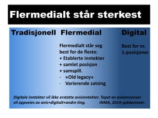 Flermedialt står sterkest
Tradisjonell Flermedial
Flermedialt står seg
best for de fleste:
+ Etablerte inntekter
+ samlet posisjon
+ samspill.
- «Old legacy»
- Varierende satsing

Digital
Best for nr.
1-posisjoner

Digitale inntekter vil ikke erstatte avisinntekter. Tapet av avisannonser
vil oppveies av avis+digitalt+andre ting.
INMA, 2014-spådommer.

 