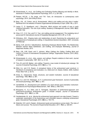 Mohd Asrof Gulam Nabi & Wan Khairuzzaman Wan Ismail
International Journal of Business Research and Management (IJBRM), Volume (7) : Issue (4) : 2016 78
28. Wrzesniewski, A., et al., Job Crafting and Cultivating Positive Meaning and Identity in Work.
Advances in Positive Organizational Psychology, 2013. 1: p. 281-302.
29. Peeters, M.C.W., J. De Jonge, and T.W. Taris, An introduction to contemporary work
psychology. 2014: John Wiley & Sons.
30. Berg, J.M., J.E. Dutton, and A. Wrzesniewski, What is job crafting and why does it matter.
Retrieved form the website of Positive Organizational Scholarship on April, 2008. 15: p. 2011.
31. Leana, C., E. Appelbaum, and I. Shevchuk, Work process and quality of care in early
childhood education: The role of job crafting. Academy of Management Journal, 2009. 52(6):
p. 1169-1192.
32. Chen, C.Y., C.H. Yen, and F.C. Tsai, Job crafting and job engagement: The mediating role of
person-job fit. International Journal of Hospitality Management, 2014. 37: p. 21-28.
33. Ghitulescu, B.E., Shaping tasks and relationships at work: Examining the antecedents and
consequences of employee job crafting, in Unpublished doctoral dissertation. 2007, University
of Pittsburgh.
34. Slemp, G.R. and D.A. Vella-Brodrick, Optimising Employee Mental Health: The Relationship
Between Intrinsic Need Satisfaction, Job Crafting, and Employee Well-Being. Journal of
Happiness Studies, 2013.
35. Berg, J.M., A.M. Grant, and V. Johnson, When Callings Are Calling: Crafting Work and
Leisure in Pursuit of Unanswered Occupational Callings. Organization Science, 2010. 21(5):
p. 973-994.
36. Wrzesniewski, A., et al., Jobs, careers, and callings: People's relations to their work. Journal
of research in personality, 1997. 31(1): p. 21-33.
37. Tims, M. and A.B. Bakker, Job crafting: Towards a new model of individual job redesign. SA
Journal of Industrial Psychology, 2010. 36(2): p. 1-9.
38. Elliot, A.J. and C.S. Dweck, A conceptual history of the achievement goal construct, in
Handbook of competence and motivation, A.J. Elliot and C.S. Dweck, Editors. 2005, Guilford
Press: New York. p. 52-72.
39. Ames, C., Classrooms: Goals, structures, and student motivation. Journal of educational
psychology, 1992. 84(3): p. 261.
40. Elliot, A.J. and H.A. McGregor, A 2× 2 achievement goal framework. Journal of personality
and social psychology, 2001. 80(3): p. 501.
41. VandeWalle, D., Development and validation of a work domain goal orientation instrument.
Educational and Psychological Measurement, 1997. 57(6): p. 995-1015.
42. Murayama, K., A.J. Elliot, and S. Yamagata, Separation of performance-approach and
performance-avoidance achievement goals: A broader analysis. Journal of Educational
Psychology, 2011. 103(1): p. 238.
43. Vansteenkiste, M., et al., Moving the achievement goal approach one step forward: Toward a
systematic examination of the autonomous and controlled reasons underlying achievement
goals. Educational Psychologist, 2014. 49(3): p. 153-174.
44. Sideridis, G.D. and A. Kaplan, Achievement goals and persistence across tasks: The roles of
failure and success. The Journal of Experimental Education, 2011. 79(4): p. 429-451.
 
