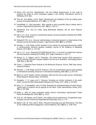 Mohd Asrof Gulam Nabi & Wan Khairuzzaman Wan Ismail
International Journal of Business Research and Management (IJBRM), Volume (7) : Issue (4) : 2016 81
79. Slemp, G.R. and D.A. Vella-Brodrick, The Job Crafting Questionnaire: A new scale to
measure the extent to which employees engage in job crafting. International Journal of
Wellbeing, 2013. 3(2).
80. Tims, M., A.B. Bakker, and D. Derks, Development and validation of the job crafting scale.
Journal of Vocational Behavior, 2012. 80(1): p. 173-186.
81. VandeWalle, D., Goal orientation:: Why wanting to look successful doesn’t always lead to
success. Organizational Dynamics, 2001. 30(2): p. 162-171.
82. Tabachnick, B.G. and L.S. Fidell, Using Multivariate Statistics. 6th ed. 2013: Pearson
Education.
83. Hair Jr, J.F., et al., A primer on partial least squares structural equation modeling (PLS-SEM).
2014: Sage Publications.
84. Podsakoff, P.M., et al., Common method biases in behavioral research: a critical review of the
literature and recommended remedies. J Appl Psychol, 2003. 88(5): p. 879-903.
85. Henseler, J., C.M. Ringle, and M. Sarstedt, A new criterion for assessing discriminant validity
in variance-based structural equation modeling. Journal of the Academy of Marketing
Science, 2015. 43(1): p. 115-135.
86. Hair Jr, J.F., et al., Assessing PLS-SEM Results Part 1, in A primer on partial least squares
structural equation modeling (PLS-SEM). 2014, Sage Publications. p. 95-117.
87. Barclay, D., C. Higgins, and R. Thompson, The partial least squares (PLS) approach to
causal modeling: Personal computer adoption and use as an illustration. Technology studies,
1995. 2(2): p. 285-309.
88. Cohen, J., Statistical Power Analysis for the Behavioral Sciences. 2nd ed. 1988, New Jersey:
Lawrence Erlbaum.
89. Henseler, J., C.M. Ringle, and R.R. Sinkovics, The use of partial least squares path modeling
in international marketing. Advances in international marketing, 2009. 20(1): p. 277-319.
90. Banuri, S. and P. Keefer, Intrinsic motivation, effort and the call to public service. World Bank
Policy Research Working Paper, 2013(6729).
91. Georgellis, Y., E. Lossa, and V. Tabvuma, Crowding out intrinsic motivation in the public
sector. Journal of Public Administration Research and Theory, 2011. 21(3): p. 473-493.
92. Perry, J.L., A. Hondeghem, and L.R. Wise, Revisiting the motivational bases of public service:
Twenty years of research and an agenda for the future. Public administration review, 2010.
70(5): p. 681-690.
93. Bright, L., Why do public employees desire intrinsic nonmonetary opportunities? Public
Personnel Management, 2009. 38(3): p. 15-37.
94. Tims, M., A.B. Bakker, and D. Derks, Job crafting and job performance: A longitudinal study.
European Journal of Work and Organizational Psychology, 2014: p. 1-15.
95. Bakker, A.B., M. Tims, and D. Derks, Proactive Personality and Job Performance: The Role
of Job Crafting and Work Engagement. Human Relations, 2012. 65(10): p. 1359-1378.
 