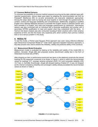 Mohd Asrof Gulam Nabi & Wan Khairuzzaman Wan Ismail
International Journal of Business Research and Management (IJBRM), Volume (7) : Issue (4) : 2016 70
3.7 Common Method Variance
To minimise the possibility of common method variance occurring as the data collected were self-
reported questionnaire, various steps were taken by adapting the recommendation set forth by
Podsakoff, MacKenzie [84] on ex-ante (procedural) and post-ante (statistical) approaches.
Among the steps taken were by having two local experts to vent through the questionnaire for
content, context and language readability and comprehension. Additionally, engaging a qualified
English and a Bahasa Malaysia lecturers to translate the English version to Bahasa version and
back translate it to English, and used dual language questionnaire for distribution. Interviewing
session was also conducted with an individual with a doctorate qualification and another with a
secondary (STPM) qualification to read and explain what they understood with the items. A
Harmon one factor analysis was also conducted resulting 6 factor solutions with a total variance
explained of 63% and the first factor only explained 23% which confirms that common method
bias is not a serious problem in this study.
4. RESULTS
To test the model, a Partial Least Squares (PLS) approach was used. Using reflective-reflective
type Hierarchical Component Model (2
nd
order factor approach-repeated indicators approach), a
two-step process was used to assess the reliability, validity and predictive ability of the construct.
4.1 Measurement Model Evaluation
Measurement model is evaluated by looking at the reliability and validity of the model [83]. In
addition, Henseler, Ringle [85] also proposed another discriminant validity test in the form of
Heterotrait-monotrait ratio (HTMT).
After dropping an item in performance avoid and two items in the relational constructs the overall
loadings for the respective constructs is as shown in Figure 2, which is within the recommended
values for loadings >0.7, average variance extracted (AVE) >0.5 and composite reliability (CR)
>0.7 Hair Jr, Hult [86]. Eventhough, JCog4 still showed loading of below 0.7, it was not dropped
as the internal consistency reliability and convergent validity already exceeded the recommended
values as shown in Table 3.
FIGURE 2: PLS SEM Algorithm.
 