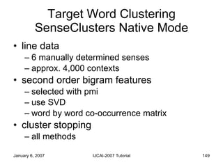 Target Word Clustering SenseClusters Native Mode <ul><li>line data  </li></ul><ul><ul><li>6 manually determined senses </l...