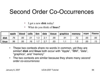 Second Order Co-Occurrences <ul><li>These two contexts share no words in common, yet they are similar!  disk  and  linux  ...