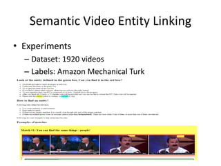Semantic Video Entity Linking
• Experiments
– Dataset: 1920 videos
– Labels: Amazon Mechanical Turk
 