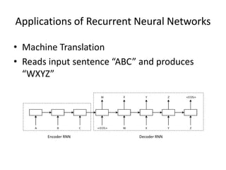 Applications of Recurrent Neural Networks
• Machine Translation
• Reads input sentence “ABC” and produces
“WXYZ”
Decoder RNNEncoder RNN
 