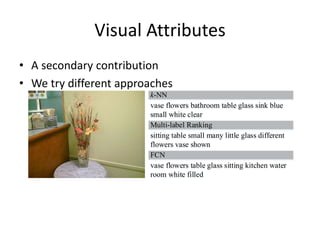 Visual Attributes
• A secondary contribution
• We try different approaches
vase flowers bathroom table glass sink blue
small white clear
k-NN
sitting table small many little glass different
flowers vase shown
Multi-label Ranking
vase flowers table glass sitting kitchen water
room white filled
FCN
 