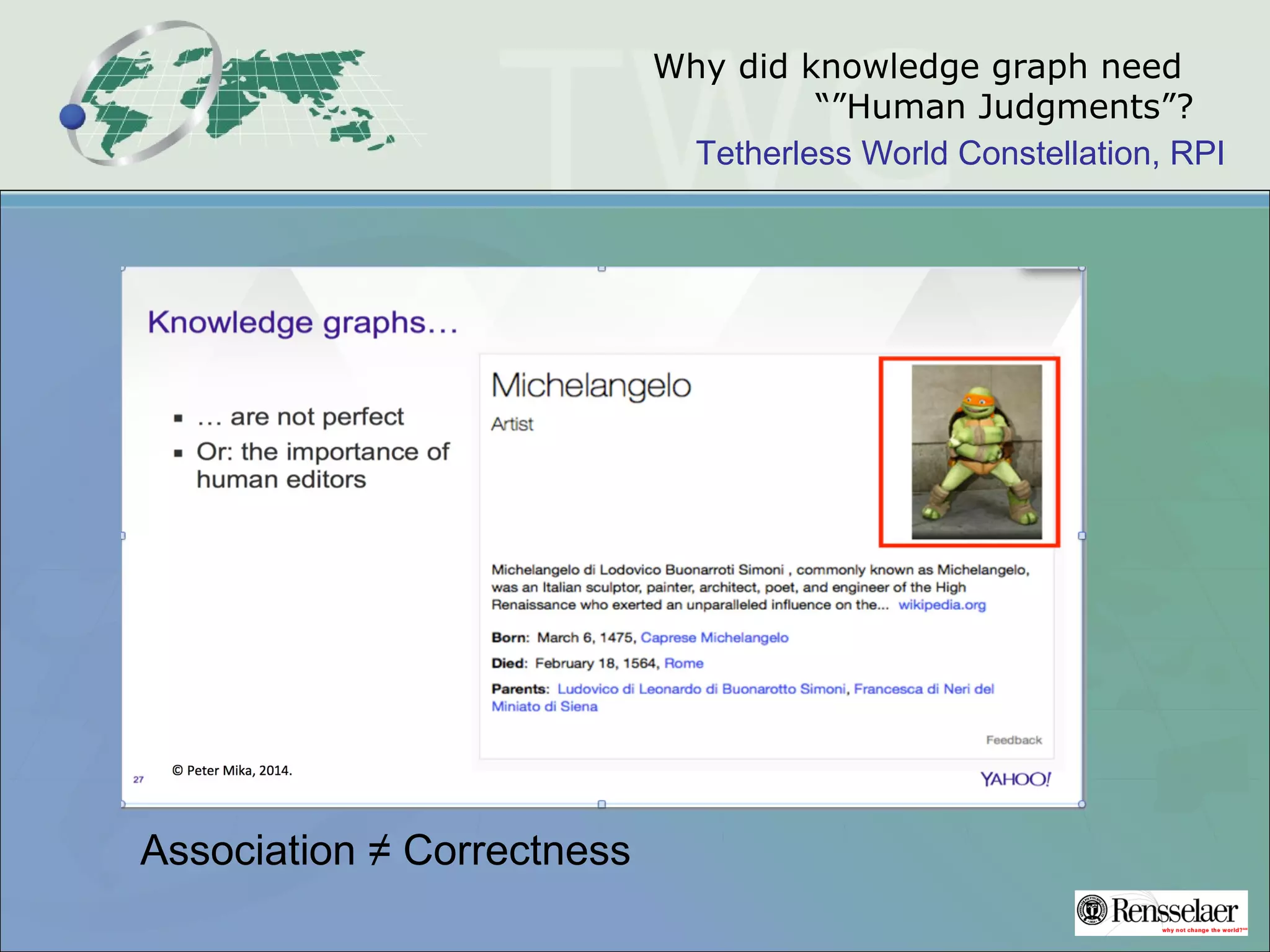 Tetherless World Constellation, RPI
Why did knowledge graph need
“”Human Judgments”?
Association ≠ Correctness
 