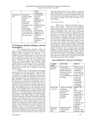 International Journal of Computer Applications Technology and Research
Volume 2– Issue 2, 126 - 130, 2013
www.ijcat.com 128
MSE =
2.3900e+003
Sharma et al.
[16]
i)A pseudo
random number
generator
ii)The
information
hiding and
extraction system
iii)Visual
Cryptography
iv)Two different
cover images are
used for covering
the secret share
Watermarked
image for
baboons
PSNR(with one
LSB) (db) =
54.45
PSNR(with three
LSB) (db)=
44.15
Watermarked
image for leena
PSNR(with one
LSB) (db) =
51.15
PSNR(with three
LSB) (db)=
44.17
4.2 Frequency-domain techniques (spectral
watermarks):
The frequency-domain techniques modify the
values of some transformed coefficients. The frequency-
domain technique first transforms an image into a set of
frequency domain coefficients. The watermark is then
embedded in the transformed coefficients of the image such
that the watermark is invisible and more robust for some
image processing operations. Finally, the coefficients are
inverse transformed to obtain the watermarked image.
Discrete Cosine Transformation (DCT), Discrete Fourier
Transformation (DFT) and Discrete Wavelet Transformation
(DWT) are the three main methods of data transformation.
This technique is complex and watermark cannot be easily
recovered at the receiver end as compared to the spatial
domain technique.
Xiang-Gen Xia et al. [10] proposed a watermarking
technique based on the Discrete Wavelet Transform (DWT).
They performs two–level decomposition using the Haar
wavelet filters. The watermark, modeled as Gaussian noise,
was added to the middle and high frequency bands of the
DWT transformed image. The decoding process involved
taking the DWT of a potentially marked image. Sections of
the watermark were extracted and correlated with sections of
the original watermark. If the cross-correlation was above a
threshold, then the watermark was detected. Otherwise, the
image was decomposed into finer and finer bands until the
entire. This technique proved to be more robust than the DCT
method when embedded zero-tree wavelet compression and
halftoning were performed on the watermarked images. Maha
Sharkas et al. [11] Senior Members IEEE, proposed a dual
digital image watermarking technique for improved protection
and robustness. They applied frequency domain technique
(DWT) into the primary watermark image and then embedded
secondary watermark in the form of a PN sequence. The
resulting image is embedded into the original image to get the
watermarked image. They applied compression, low pass
filtering, salt and pepper noise and luminance change attack
into the watermarked image to increase the robustness of the
technique. In all four attacks secondary watermark was
detectable. Cheng et al. [12] proposed an algorithm which
was based on embedding the watermark image in three times
at three different frequency bands, namely, low, medium and
high and the results proved that the watermark cannot be
totally destroyed by either low pass, medium or high pass
filter. P.Ramana Reddy et al. [13] proposed an algorithm that
embeds and extracts the watermark in frequency domain and
it is checked for salt and pepper & Gaussian noise attacks.
They applied watermark in the DWT coefficients of the
original image.
Iw(x,y)= I(x,y) +k.w(x,y) (1)
Where Iw(x,y) represents watermarked image, k
denotes the gain factor. Robustnest of the watermarked
image increases with the increase in gain k but the quality of
the final watermarked image is reduced. Preeti Gupta, [14],
proposed cryptography based blind image watermarking
technique that embed more number of watermark bits in the
gray scale cover image. They applied blind watermarking
technique that uses watermark nesting and encryption. An
extra watermark is embedded into the main watermark then
main watermark is embedded into the DWT domain of the
cover image. This technique embeds more number of bits in
the cover image. Mistry, [15], proposed digital image
watermarking and compared different digital watermarking
methods. Image or video is embedded information data within
an insensible form for human visual system but in a way that
protects from attacks such as common image processing
techniques. This paper introduced Spatial domain (like LSB)
and transform domain (like DCT, DWT) methods. Authors
found that DCT and DWT watermarking is comparatively
much better but complex than the spatial domain encoding.
Some author name which works on frequency domain with
their features and results is shown in Table 2.
Table 2:FREQUENCY DOMAIN TECHNIQUE
AUTHOR
NAME
FEATURES RESULT
Harpuneet
Kaur [3]
i) Watermark
nesting (at level 2 ),
Means embed one
watermark in other
and encryption.
ii) Used DWT based
technique
PSNR of main
watermark after
embedding
watermark1 in
it = 17.3239 dB
PSNR of gray
scale cover
image after
embedding
watermarked
watermark =
37.1587dB
Xia-mu Niu
et al. [17]
i)Gray level digital
watermark
ii) Stack filter’s
threshold
decomposition
technique
iii) DCT
PSNR = 30.7
dB
Disadv- due to
the multiple
watermarks, the
PSNR of the
watermarked
image isnot
very high
compared with
traditional
method.
Xiang-Gen
Xia et al.
[10]
i)Multiresolution
watermarking
method,
They test
algorithm with
common image
 