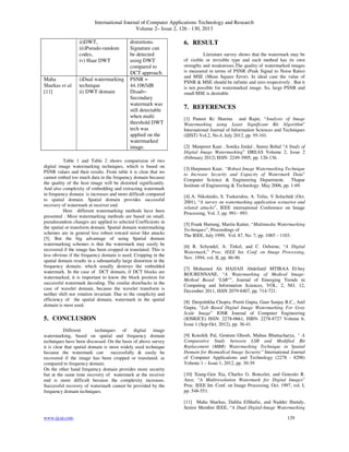 International Journal of Computer Applications Technology and Research
Volume 2– Issue 2, 126 - 130, 2013
www.ijcat.com 129
ii)DWT,
iii)Pseudo-random
codes,
iv) Haar DWT
distortions.
Signature can
be detected
using DWT
compared to
DCT approach.
Maha
Sharkas et al.
[11]
i)Dual watermarking
technique
ii) DWT domain
PSNR =
44.1065dB
Disadv-
Secondary
watermark was
still detectable
when multi
threshold DWT
tech was
applied on the
watermarked
image.
Table 1 and Table 2 shows comparision of two
digital image watermarking techniques, which is based on
PSNR values and their results. From table it is clear that we
cannot embed too much data in the frequency domain because
the quality of the host image will be distorted significantly.
And also complexity of embedding and extracting watermark
in frequency domain is increases and more difficult compared
to spatial domain. Spatial domain provides successful
recovery of watermark at receiver end.
Here different watermarking methods have been
presented . Most watermarking methods are based on small,
pseudorandom changes are applied to selected Coefficients in
the spatial or transform domain. Spatial domain watermarking
schemes are in general less robust toward noise like attacks
[5]. But the big advantage of using Spatial domain
watermarking schemes is that the watermark may easily be
recovered if the image has been cropped or translated. This is
less obvious if the frequency domain is used. Cropping in the
spatial domain results in a substantially large distortion in the
frequency domain, which usually destroys the embedded
watermark. In the case of DCT domain, if DCT blocks are
watermarked, it is important to know the block position for
successful watermark decoding. The similar drawbacks in the
case of wavelet domain, because the wavelet transform is
neither shift nor rotation invariant. Due to the simplicity and
efficiency of the spatial domain, watermark in the spatial
domain is most used.
5. CONCLUSION
Different techniques of digital image
watermarking, based on spatial and frequency domain
techniques have been discussed. On the basis of above survey
it is clear that spatial domain is most widely used technique
because the watermark can successfully & easily be
recovered if the image has been cropped or translated. as
compared to frequency domain.
On the other hand frequency domain provides more security
but at the same time recovery of watermark at the receiver
end is more difficult because the complexity increases.
Successful recovery of watermark cannot be provided by the
frequency domain techniques.
6. RESULT
Literature survey shows that the watermark may be
of visible or invisible type and each method has its own
strengths and weaknesses.The quality of watermarked images
is measured in terms of PSNR (Peak Signal to Noise Ratio)
and MSE (Mean Square Error). In ideal case the value of
PSNR & MSE should be infinite and zero respectively . But it
is not possible for watermarked image. So, large PSNR and
small MSE is desirable.
7. REFERENCES
[1] Puneet Kr Sharma and Rajni, “Analysis of Image
Watermarking using Least Significant Bit Algorithm”
International Journal of Information Sciences and Techniques
(IJIST) Vol.2, No.4, July 2012, pp. 95-101.
[2] Manpreet Kaur , Sonika Jindal , Sunny Behal “A Study of
Digital Image Watermarking” IJREAS Volume 2, Issue 2
(February 2012) ISSN: 2249-3905, pp. 126-136.
[3] Harpuneet Kaur, “Robust Image Watermarking Technique
to Increase Security and Capacity of Watermark Data”
Computer Science & Engineering Department, Thapar
Institute of Engineering & Technology. May 2006, pp. 1-69.
[4] A. Nikolaidis, S. Tsekeridou, A. Tefas, V Solachidi (Oct.
2001), “A survey on watermarking application scenarios and
related attacks”, IEEE international Conference on Image
Processing, Vol. 3, pp. 991– 993.
[5] Frank Hartung, Martin Kutter, “Multimedia Watermarking
Techniques”, Proceedings of
The IEEE, July 1999, Vol. 87, No. 7, pp. 1085 – 1103.
[6] R. Schyndel, A. Tirkel, and C. Osborne, “A Digital
Watermark,” Proc. IEEE Int. Conf. on Image Processing,
Nov. 1994, vol. II, pp. 86-90.
[7] Mohamed Ali HAJJAJI Abdellatif MTIBAA El-bey
BOURENNANE, “A Watermarking of Medical Image:
Method Based "LSB"”, Journal of Emerging Trends in
Computing and Information Sciences, VOL. 2, NO. 12,
December 2011, ISSN 2079-8407, pp. 714-721.
[8] Deepshikha Chopra, Preeti Gupta, Gaur Sanjay B.C., Anil
Gupta, “Lsb Based Digital Image Watermarking For Gray
Scale Image” IOSR Journal of Computer Engineering
(IOSRJCE) ISSN: 2278-0661, ISBN: 2278-8727 Volume 6,
Issue 1 (Sep-Oct. 2012), pp. 36-41.
[9] Koushik Pal, Goutam Ghosh, Mahua Bhattacharya, “ A
Comparative Study between LSB and Modified Bit
Replacement (MBR) Watermarking Technique in Spatial
Domain for Biomedical Image Security” International Journal
of Computer Applications and Technology (2278 - 8298)
Volume 1 – Issue 1, 2012, pp. 30-39
[10] Xiang-Gen Xia, Charles G. Boncelet, and Gonzalo R.
Arce, “A Multiresolution Watermark for Digital Images”
Proc. IEEE Int. Conf. on Image Processing, Oct. 1997, vol. I,
pp. 548-551.
[11] Maha Sharkas, Dahlia ElShafie, and Nadder Hamdy,
Senior Member IEEE, “A Dual Digital-Image Watermarking
 