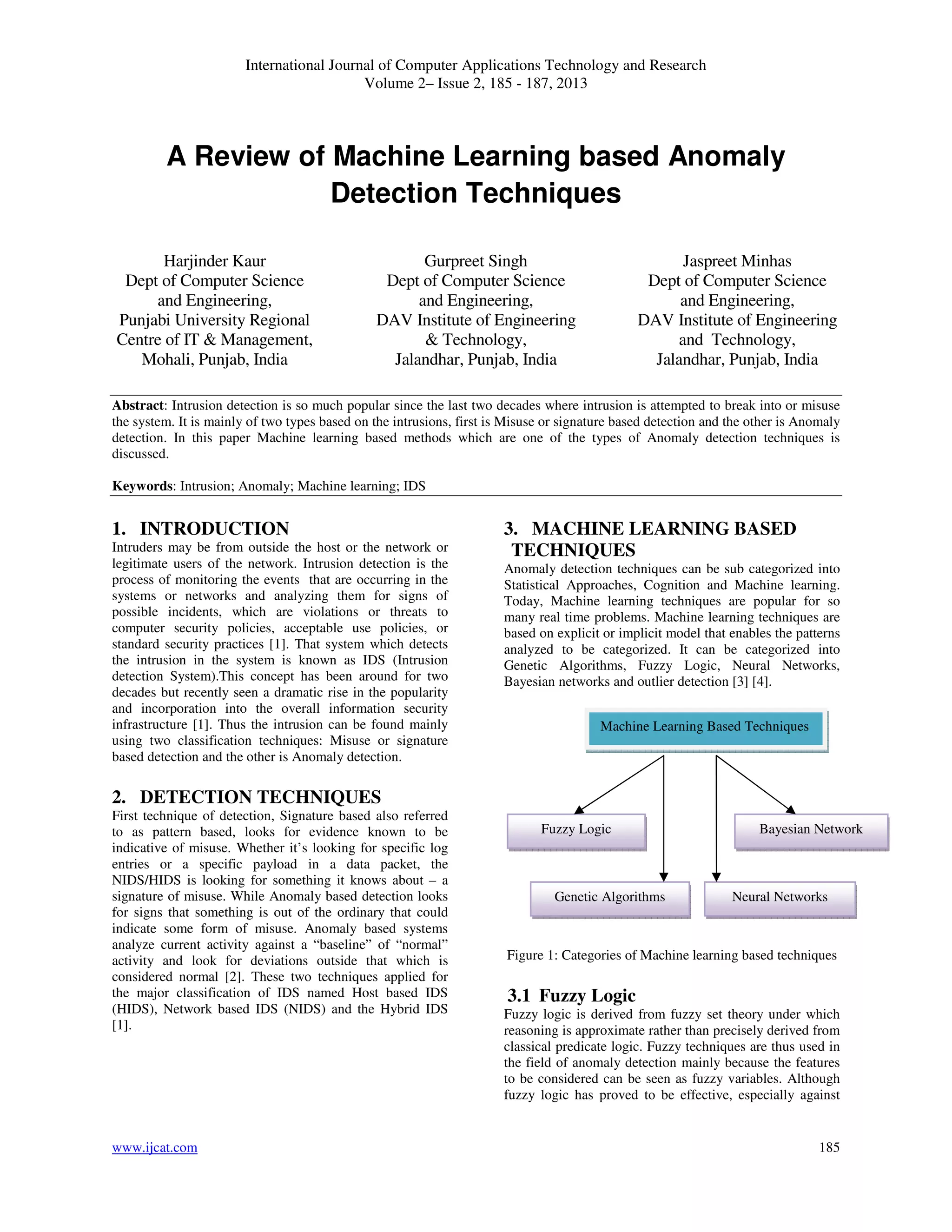 A Review of Machine Learning based Anomaly Detection Techniques | PDF