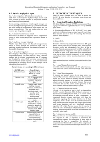 International Journal of Computer Applications Technology and Research 
Volume 3– Issue 9, 541 - 546, 2014 
4.5 Attacks at physical layer 
4.5.1 Jamming attack (Denial of service attack) 
DOS attack is also happened at physical layer. Due to DOS 
there is denial of services accessed by a legitimate network 
user. Example is jamming attack. 
Due to jamming & interference of radio signals messages can 
be lost or corrupt. Signals generated by a powerful transmitter 
are strong enough to overwhelm the target signals and can 
disrupt communication. Pulse and random noise are most 
common type of signal jamming [3]. 
4.5.2 Stolen or compromised attack 
These kinds of attacks are happened from a compromised 
entities or stolen device like physical capturing of a node in 
MANET. 
4.5.3 Malicious message injecting 
Attacker inject false streams into the real message streams 
which is routing through the intermediate nods, due to 
malicious message injecting the functionality of network is 
disrupted by the attacker. 
4.5.4 Eavesdropping attack 
Eavesdropping is the reading of messages and conversation by 
unintended receivers. The nodes in MANET share a wireless 
medium and the wireless communication use RF spectrum 
and broadcast by nature which can easily intercepted with 
receivers tuned to proper frequency. As a result transmitted 
messages can be overheard as well as fake messages can be 
injected into the network [3]. 
Table1. Attacks corresponding to different layers 
MANET Layer Type of Attack 
Application Layer Repudiation attack, 
Attacks by virus & 
worms 
Transport Layer TCP SYN attack (DOS 
in nature), TCP session 
hijacking, Jelly Fish 
attack 
Network Layer Flooding attack, Route 
tracking, Message 
Fabricate, modification, 
Blackhole attack, 
Wormhole attack, Link 
spoofing attack 
Grayhole attack, 
Rushing attack, 
Byzantine attack, Sybil 
attack 
MAC Layer Mac DOS (Denial of 
service) attack, Traffic 
monitoring & analysis, 
Bandwidth stealth, MAC 
targeted attack, WEP 
targeted attack 
Physical Layer Jamming attack (DOS in 
nature), Stolen or 
compromised attack, 
Malicious massage 
injecting, Eavesdropping 
attack 
5. DETECTION TECHNIQUES 
There are some schemes which are used to secure the 
MANET & in the detection of anomalies. Some of these are 
discussed below:- 
5.1 Intrusion Detection Technique 
IDS detect different threats in MANET communication There 
is proposed architecture [1] for IDS which is used by MANET 
given below:- 
In the proposed architecture of IDS for MANET every node 
participates in the detection process and responds to activities. 
This detection process is done by detecting the intrusion 
behavior in the two ways:- 
a). Locally 
b). Independently 
This act is performed by an agent who is known as IDS agent 
who is inbuilt in all devices (stations). Each node performs 
detection locally and independently but there is also a 
situation if a node detects an anomaly but it has not sufficient 
investigation results to figure out which type of anomaly it is, 
so it share its result to the other nodes in the communication 
range and ask them to search this anomaly in their respective 
security logs to trace out the possible characteristics of that 
intruder. 
There are four functional modules in conceptual model of the 
IDS:- 
5.1.1 Local data collection module 
Local data collection module deals with data gathering issues. 
Data come from various resources through a real time data 
audit. 
5.1.2 Local detection engine 
It inspects any anomaly shown in the data which was 
collected by local data collection modules. This detection 
engine rely on the statistical anomaly detection technique 
which distinguish anomaly in the basis of the comparison 
which is done by taking a deviation between the current 
observation data and the normal profile (generated on the 
basis of normal behavior of the system) of system. 
5.1.3 Cooperative detection engine 
All time it is not possible the attacks which are happened on 
MANET known to the system (IDS). So there is some need to 
find more evidence for particular attack, so we have to initiate 
a cooperative detection process in these circumstances. In 
cooperated detection process participants will share the 
information regarding the intrusion detection to all their 
neighboring nodes. On the basis of information received a 
node can calculate new intrusion state. In this process they 
used certain algorithms such as a distributed consensus 
algorithm with weight. We may assume that the majority of 
node in MANET are actual (are not attacker nodes) so we can 
trust the results produced by any of the participants that the 
network is under attack. 
5.1.4 Intrusion response module 
When an intrusion is confirmed intrusion response module 
will response to that. It responses to reinitialize the 
communication channel. Re-initialization is done such as 
reassigning the key or reorganizing the network. In 
reorganization of the network we remove all the compromised 
nodes. This response varies corresponding to different kind of 
intrusion. 
www.ijcat.com 544 
 
