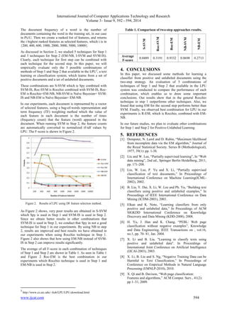 International Journal of Computer Applications Technology and Research 
Volume 3– Issue 9, 592 - 594, 2014 
The document frequency of a word is the number of 
documents containing the word in the training set, in our case 
in P∪U. Then we create a ranked list of features, and returns 
the i highest ranked features as selected features, which i is in 
{200, 400, 600, 1000, 2000, 3000, 5000, 10000}. 
As discussed in Section 2, we studied 5 techniques for Step 1 
and 3 techniques for Step 2 (EM-NB, I-SVM and SVM-IS). 
Clearly, each technique for first step can be combined with 
each technique for the second step. In this paper, we will 
empirically evaluate only the 5 possible combinations of 
methods of Step 1 and Step 2 that available in the LPU2, a text 
learning or classification system, which learns from a set of 
positive documents and a set of unlabeled documents. 
These combinations are S-SVM which is Spy combined with 
SVM-IS, Roc-SVM is Rocchio combined with SVM-IS, Roc- 
EM is Rocchio+EM-NB, NB-SVM is Naïve Bayesian+ SVM-IS 
and NB-EM is Naïve Bayesian+ EM-NB. 
In our experiments, each document is represented by a vector 
of selected features, using a bag-of-words representation and 
term frequency (TF) weighting method which the value of 
each feature in each document is the number of times 
(frequency count) that the feature (word) appeared in the 
document. When running SVM in Step 2, the feature counts 
are automatically converted to normalized tf-idf values by 
LPU. The F-score is shown in Figure 2. 
Figure 2. Results of LPU using DF feature selection method. 
As Figure 2 shows, very poor results are obtained in S-SVM 
which Spy is used in Step 1 and SVM-IS is used in Step 2. 
Since we obtain better results in other combinations that 
SVM-IS is used in Step 2, we conduct that Spy in not a good 
technique for Step 1 in our experiments. By using NB in step 
2, results are improved and best results we have obtained in 
our experiments when using Rocchio technique in Step 1. 
Figure 2 also shows that how using EM-NB instead of SVM-IS 
in Step 2 can improve results significantly. 
The average of all F-score in each combination of techniques 
of Step 1 and Step 2 are shown in Table 1. As seen in Table 1 
and Figure 2 Roc-EM is the best combination in our 
experiments which Rocchio technique is used in Step 1 and 
EM-NB is used in Step 2. 
2 http://www.cs.uic.edu/~liub/LPU/LPU-download.html 
Table 1. Comparison of two-step approaches results. 
S-SVM 
Roc-SVM 
Roc-EM 
NB-SVM 
NB-EM 
Average 
F-score 
0.0489 0.3191 0.9332 0.0698 0.2713 
4. CONCLUSIONS 
In this paper, we discussed some methods for learning a 
classifier from positive and unlabeled documents using the 
two-step strategy. An evaluation of 5 combinations of 
techniques of Step 1 and Step 2 that available in the LPU 
system was conducted to compare the performance of each 
combination, which enables us to draw some important 
conclusions. Our results show that in the general Rocchio 
technique in step 1 outperforms other techniques. Also, we 
found that using EM for the second step performs better than 
SVM. Finally, we observed best combination for LPU in our 
experiments is R-EM, which is Rocchio, combined with EM-NB. 
In our future studies, we plan to evaluate other combinations 
for Step 1 and Step 2 for Positive-Unlabeled Learning. 
5. REFERENCES 
[1] Dempster, N. Laird and D. Rubin, “Maximum likelihood 
from incomplete data via the EM algorithm,” Journal of 
the Royal Statistical Society. Series B (Methodological), 
1977, 39(1): pp. 1-38. 
[2] Liu and W. Lee, “Partially supervised learning”, In “Web 
data mining”, 2nd ed., Springer Berlin Heidelberg, 2011, 
pp. 171-208. 
[3] Liu, W. Lee, P. Yu and X. Li, “Partially supervised 
classification of text documents,” In Proceedings of 
International Conference on Machine Learning(ICML- 
2002), 2002. 
[4] B. Liu, Y. Dai, X. Li, W. Lee and Ph. Yu, “Building text 
classifiers using positive and unlabeled examples,” In 
Proceedings of IEEE International Conference on Data 
Mining (ICDM-2003), 2003. 
[5] Elkan and K. Noto, “Learning classifiers from only 
positive and unlabeled data,” In Proceedings of ACM 
SIGKDD International Conference on Knowledge 
Discovery and Data Mining (KDD-2008), 2008. 
[6] H. Yu, J. Han and K. Chang, “PEBL: Web page 
classification without negative examples”, Knowledge 
and Data Engineering, IEEE Transactions on , vol.16, 
no.1, pp. 70- 81, Jan. 2004. 
[7] X. Li and B. Liu. "Learning to classify texts using 
positive and unlabeled data". In Proceedings of 
International Joint Conference on Artificial Intelligence 
(IJCAI-2003), 2003. 
[8] X. Li, B. Liu and S. Ng, “Negative Training Data can be 
Harmful to Text Classification,” In Proceedings of 
Conference on Empirical Methods in Natural Language 
Processing (EMNLP-2010), 2010. 
[9] X. Qi and B. Davison, “Web page classification: 
Features and algorithms,” ACM Comput. Surv., 41(2): 
pp 1–31, 2009. 
www.ijcat.com 594 

