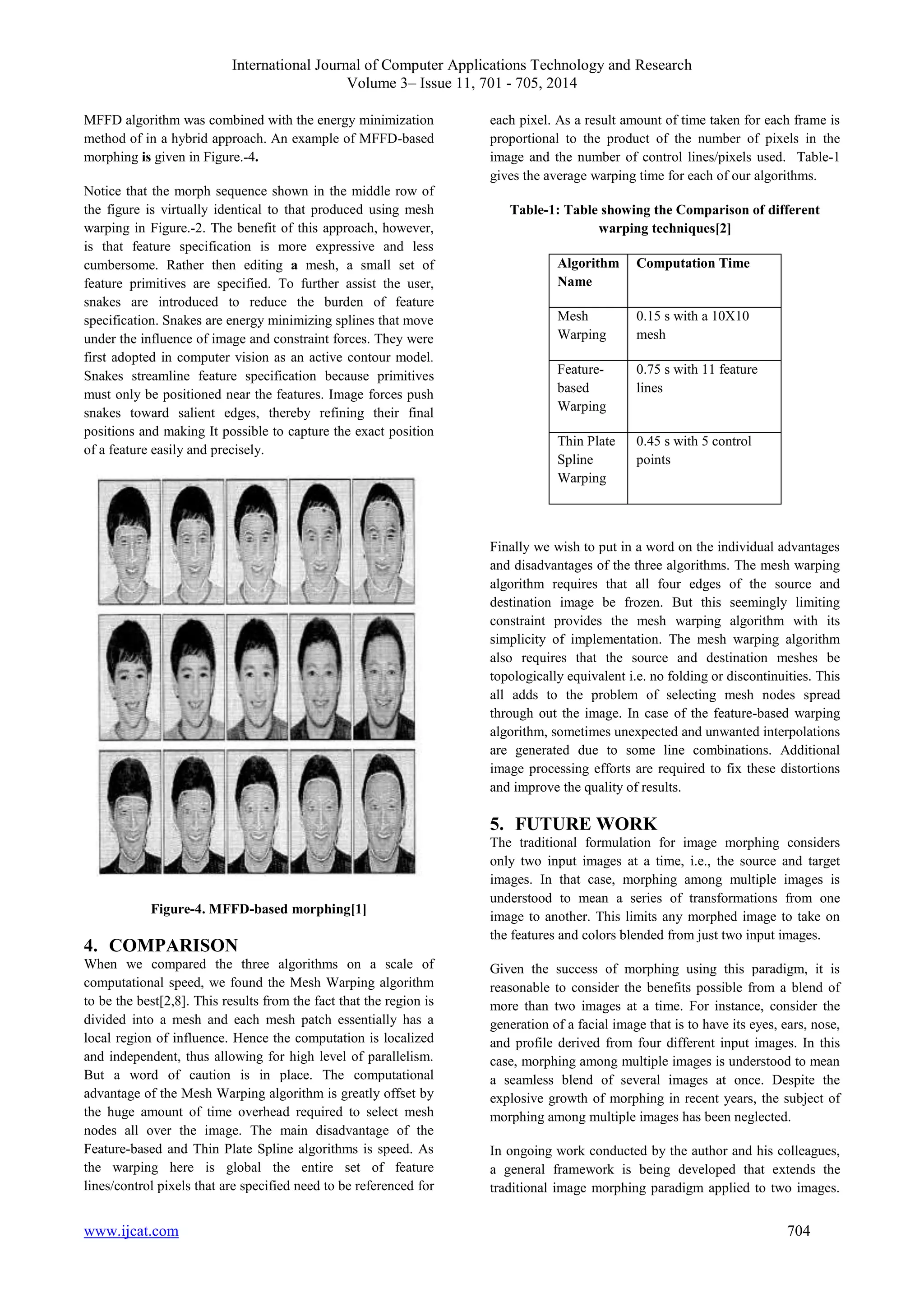 International Journal of Computer Applications Technology and Research 
Volume 3– Issue 11, 701 - 705, 2014 
MFFD algorithm was combined with the energy minimization 
method of in a hybrid approach. An example of MFFD-based 
morphing is given in Figure.-4. 
Notice that the morph sequence shown in the middle row of 
the figure is virtually identical to that produced using mesh 
warping in Figure.-2. The benefit of this approach, however, 
is that feature specification is more expressive and less 
cumbersome. Rather then editing a mesh, a small set of 
feature primitives are specified. To further assist the user, 
snakes are introduced to reduce the burden of feature 
specification. Snakes are energy minimizing splines that move 
under the influence of image and constraint forces. They were 
first adopted in computer vision as an active contour model. 
Snakes streamline feature specification because primitives 
must only be positioned near the features. Image forces push 
snakes toward salient edges, thereby refining their final 
positions and making It possible to capture the exact position 
of a feature easily and precisely. 
Figure-4. MFFD-based morphing[1] 
4. COMPARISON 
When we compared the three algorithms on a scale of 
computational speed, we found the Mesh Warping algorithm 
to be the best[2,8]. This results from the fact that the region is 
divided into a mesh and each mesh patch essentially has a 
local region of influence. Hence the computation is localized 
and independent, thus allowing for high level of parallelism. 
But a word of caution is in place. The computational 
advantage of the Mesh Warping algorithm is greatly offset by 
the huge amount of time overhead required to select mesh 
nodes all over the image. The main disadvantage of the 
Feature-based and Thin Plate Spline algorithms is speed. As 
the warping here is global the entire set of feature 
lines/control pixels that are specified need to be referenced for 
each pixel. As a result amount of time taken for each frame is 
proportional to the product of the number of pixels in the 
image and the number of control lines/pixels used. Table-1 
gives the average warping time for each of our algorithms. 
Table-1: Table showing the Comparison of different 
warping techniques[2] 
Algorithm 
Name 
Computation Time 
Mesh 
Warping 
0.15 s with a 10X10 
mesh 
Feature-based 
Warping 
0.75 s with 11 feature 
lines 
Thin Plate 
Spline 
Warping 
0.45 s with 5 control 
points 
Finally we wish to put in a word on the individual advantages 
and disadvantages of the three algorithms. The mesh warping 
algorithm requires that all four edges of the source and 
destination image be frozen. But this seemingly limiting 
constraint provides the mesh warping algorithm with its 
simplicity of implementation. The mesh warping algorithm 
also requires that the source and destination meshes be 
topologically equivalent i.e. no folding or discontinuities. This 
all adds to the problem of selecting mesh nodes spread 
through out the image. In case of the feature-based warping 
algorithm, sometimes unexpected and unwanted interpolations 
are generated due to some line combinations. Additional 
image processing efforts are required to fix these distortions 
and improve the quality of results. 
5. FUTURE WORK 
The traditional formulation for image morphing considers 
only two input images at a time, i.e., the source and target 
images. In that case, morphing among multiple images is 
understood to mean a series of transformations from one 
image to another. This limits any morphed image to take on 
the features and colors blended from just two input images. 
Given the success of morphing using this paradigm, it is 
reasonable to consider the benefits possible from a blend of 
more than two images at a time. For instance, consider the 
generation of a facial image that is to have its eyes, ears, nose, 
and profile derived from four different input images. In this 
case, morphing among multiple images is understood to mean 
a seamless blend of several images at once. Despite the 
explosive growth of morphing in recent years, the subject of 
morphing among multiple images has been neglected. 
In ongoing work conducted by the author and his colleagues, 
a general framework is being developed that extends the 
traditional image morphing paradigm applied to two images. 
www.ijcat.com 704 
 