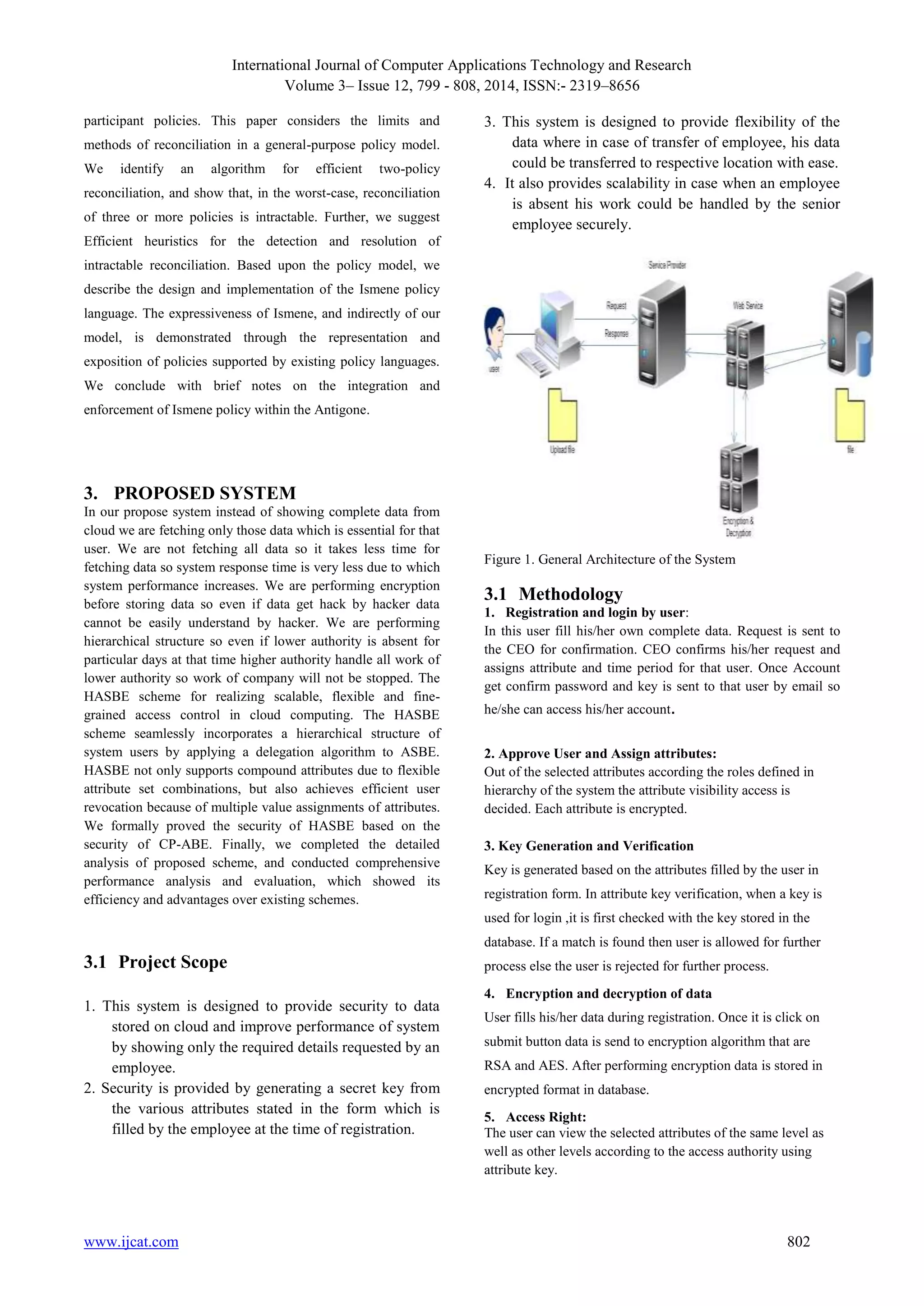 International Journal of Computer Applications Technology and Research
Volume 3– Issue 12, 799 - 808, 2014, ISSN:- 2319–8656
www.ijcat.com 802
participant policies. This paper considers the limits and
methods of reconciliation in a general-purpose policy model.
We identify an algorithm for efficient two-policy
reconciliation, and show that, in the worst-case, reconciliation
of three or more policies is intractable. Further, we suggest
Efficient heuristics for the detection and resolution of
intractable reconciliation. Based upon the policy model, we
describe the design and implementation of the Ismene policy
language. The expressiveness of Ismene, and indirectly of our
model, is demonstrated through the representation and
exposition of policies supported by existing policy languages.
We conclude with brief notes on the integration and
enforcement of Ismene policy within the Antigone.
3. PROPOSED SYSTEM
In our propose system instead of showing complete data from
cloud we are fetching only those data which is essential for that
user. We are not fetching all data so it takes less time for
fetching data so system response time is very less due to which
system performance increases. We are performing encryption
before storing data so even if data get hack by hacker data
cannot be easily understand by hacker. We are performing
hierarchical structure so even if lower authority is absent for
particular days at that time higher authority handle all work of
lower authority so work of company will not be stopped. The
HASBE scheme for realizing scalable, flexible and fine-
grained access control in cloud computing. The HASBE
scheme seamlessly incorporates a hierarchical structure of
system users by applying a delegation algorithm to ASBE.
HASBE not only supports compound attributes due to flexible
attribute set combinations, but also achieves efficient user
revocation because of multiple value assignments of attributes.
We formally proved the security of HASBE based on the
security of CP-ABE. Finally, we completed the detailed
analysis of proposed scheme, and conducted comprehensive
performance analysis and evaluation, which showed its
efficiency and advantages over existing schemes.
3.1 Project Scope
1. This system is designed to provide security to data
stored on cloud and improve performance of system
by showing only the required details requested by an
employee.
2. Security is provided by generating a secret key from
the various attributes stated in the form which is
filled by the employee at the time of registration.
3. This system is designed to provide flexibility of the
data where in case of transfer of employee, his data
could be transferred to respective location with ease.
4. It also provides scalability in case when an employee
is absent his work could be handled by the senior
employee securely.
Figure 1. General Architecture of the System
3.1 Methodology
1. Registration and login by user:
In this user fill his/her own complete data. Request is sent to
the CEO for confirmation. CEO confirms his/her request and
assigns attribute and time period for that user. Once Account
get confirm password and key is sent to that user by email so
he/she can access his/her account.
2. Approve User and Assign attributes:
Out of the selected attributes according the roles defined in
hierarchy of the system the attribute visibility access is
decided. Each attribute is encrypted.
3. Key Generation and Verification
Key is generated based on the attributes filled by the user in
registration form. In attribute key verification, when a key is
used for login ,it is first checked with the key stored in the
database. If a match is found then user is allowed for further
process else the user is rejected for further process.
4. Encryption and decryption of data
User fills his/her data during registration. Once it is click on
submit button data is send to encryption algorithm that are
RSA and AES. After performing encryption data is stored in
encrypted format in database.
5. Access Right:
The user can view the selected attributes of the same level as
well as other levels according to the access authority using
attribute key.
 