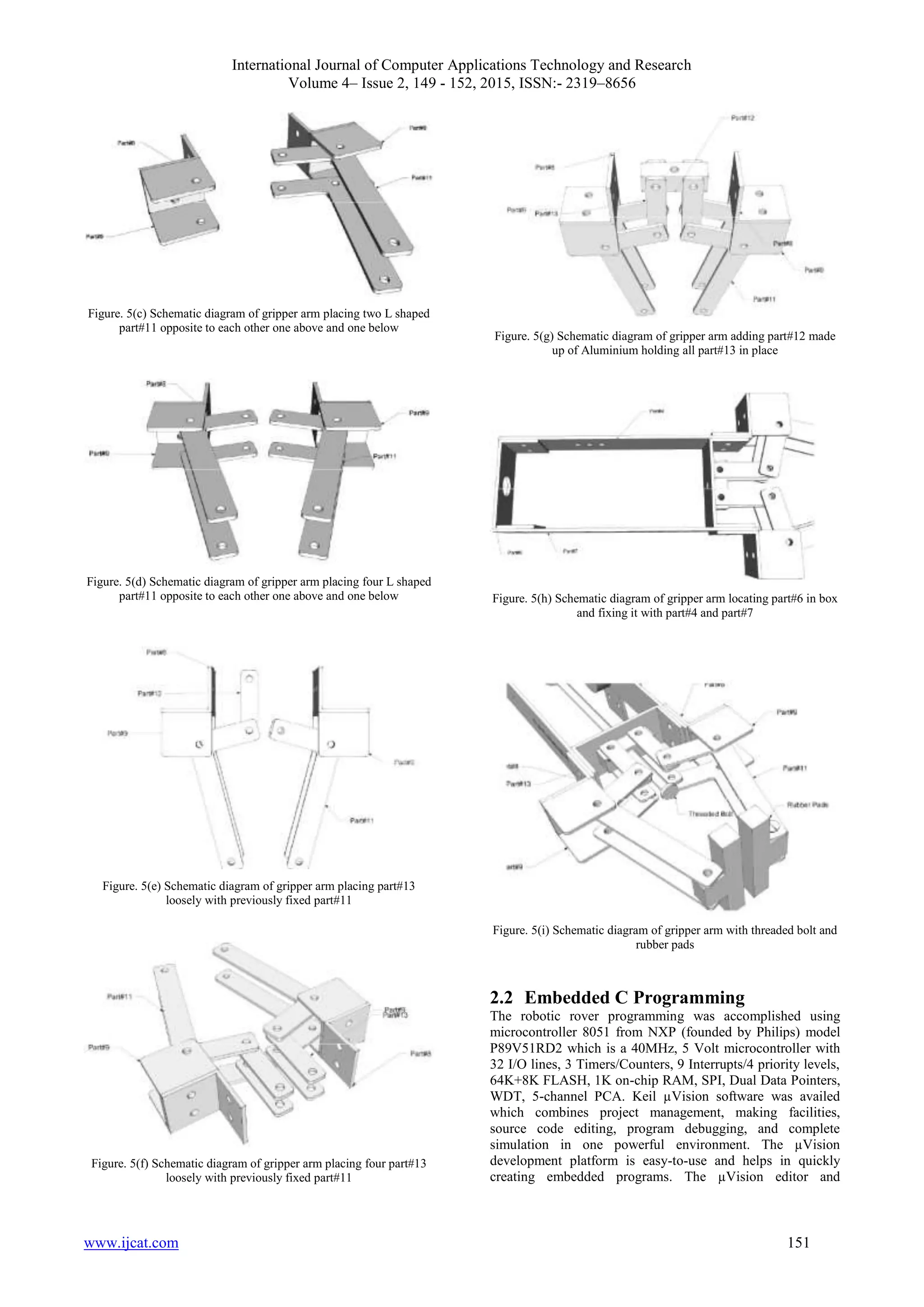 International Journal of Computer Applications Technology and Research
Volume 4– Issue 2, 149 - 152, 2015, ISSN:- 2319–8656
www.ijcat.com 151
Figure. 5(c) Schematic diagram of gripper arm placing two L shaped
part#11 opposite to each other one above and one below
Figure. 5(d) Schematic diagram of gripper arm placing four L shaped
part#11 opposite to each other one above and one below
Figure. 5(e) Schematic diagram of gripper arm placing part#13
loosely with previously fixed part#11
Figure. 5(f) Schematic diagram of gripper arm placing four part#13
loosely with previously fixed part#11
Figure. 5(g) Schematic diagram of gripper arm adding part#12 made
up of Aluminium holding all part#13 in place
Figure. 5(h) Schematic diagram of gripper arm locating part#6 in box
and fixing it with part#4 and part#7
Figure. 5(i) Schematic diagram of gripper arm with threaded bolt and
rubber pads
2.2 Embedded C Programming
The robotic rover programming was accomplished using
microcontroller 8051 from NXP (founded by Philips) model
P89V51RD2 which is a 40MHz, 5 Volt microcontroller with
32 I/O lines, 3 Timers/Counters, 9 Interrupts/4 priority levels,
64K+8K FLASH, 1K on-chip RAM, SPI, Dual Data Pointers,
WDT, 5-channel PCA. Keil µVision software was availed
which combines project management, making facilities,
source code editing, program debugging, and complete
simulation in one powerful environment. The µVision
development platform is easy-to-use and helps in quickly
creating embedded programs. The µVision editor and
 