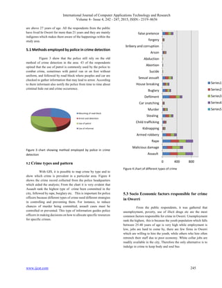International Journal of Computer Applications Technology and Research
Volume 4– Issue 4, 242 - 247, 2015, ISSN:- 2319–8656
www.ijcat.com 245
are above 27 years of age. All the respondents from the public
have lived In Owerri for more than 21 years and they are mainly
indigenes which makes them aware of the happenings within the
study area.
5.1 Methods employed by police in crime detection
Figure 3 show that the police still rely on the old
method of crime detection in the area. 43 of the respondents
opined that the use of patrol is commonly used by the police to
combat crime, sometimes with patrol van or on foot without
uniform, and followed by road block where peoples and car are
checked to gather information that may lead to arrest. According
to them informant also notify the police from time to time about
criminal hide out and crime occurrence.
Figure 3 chart showing method employed by police in crime
detection
5.2 Crime types and pattern
With GIS, it is possible to map crime by type and to
show which crime is prevalent in a particular area. Figure 4
shows the crime record collected from the police headquarters
which aided the analysis; From the chart it is very evident that
Assault rank the highest type of crime been committed in the
city, followed by rape, burglary etc. This is important for police
officers because different types of crime need different strategies
in controlling and preventing them. For instance, to reduce
chances of murder being committed, assault cases must be
controlled or prevented. This type of information guides police
officers in making decisions on how to allocate specific resources
for specific crimes.
Figure 4 chart of different types of crime
5.3 Socio Economic factors responsible for crime
in Owerri
From the public respondents, it was gathered that
unemployment, poverty, use of illicit drugs etc are the most
common factors responsible for crime in Owerri. Unemployment
rank the highest, this is because the youth population which falls
between 25-40 years of age is very high while employment is
low, jobs are hard to come by, there are few firms in Owerri
which are willing to hire the youth, while others who hire often
retrench their staff due to poor economy. White collar jobs are
readily available in the city, Therefore the only alternative is to
indulge in crime to keep body and soul bus
Mounting of road block
Arrest and detention
Use of patrol
Use of informat
0 400 800
Assault
Malicious damage
Rape
Armed robbery
Kidnapping
Child trafficking
Stealing
Murder
Car snatching
Defilment
Buglary
House breaking
Sexual assualt
Sucide
Abortion
Abduction
Arson
bribery and corruption
forgery
false pretence
Series1
Series2
Series3
Series4
Series5
 