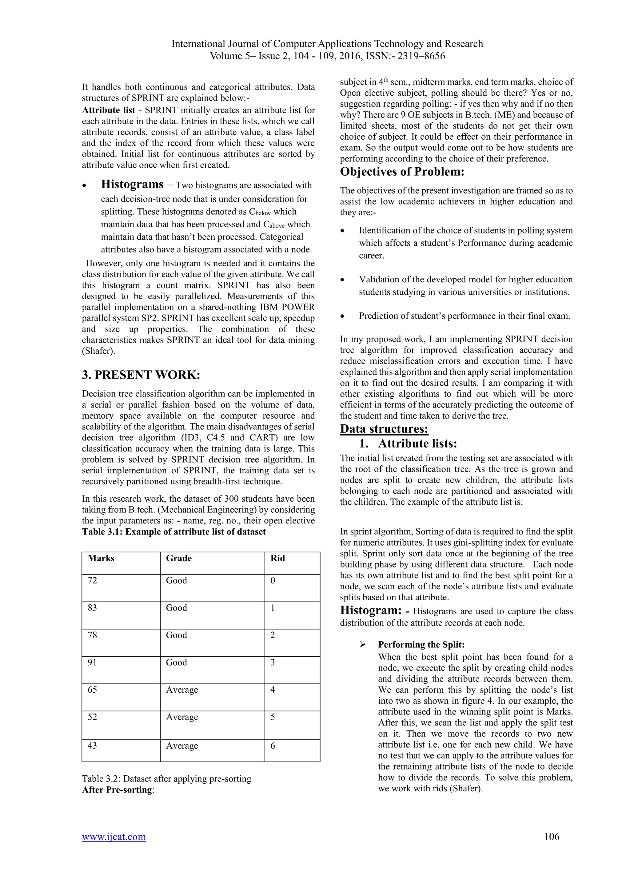 International Journal of Computer Applications Technology and Research Volume 5– Issue 2, 104 - 109, 2016, ISSN:- 2319–8656 www.ijcat.com 106 It handles both continuous and categorical attributes. Data structures of SPRINT are explained below:- Attribute list - SPRINT initially creates an attribute list for each attribute in the data. Entries in these lists, which we call attribute records, consist of an attribute value, a class label and the index of the record from which these values were obtained. Initial list for continuous attributes are sorted by attribute value once when first created.  Histograms – Two histograms are associated with each decision-tree node that is under consideration for splitting. These histograms denoted as Cbelow which maintain data that has been processed and Cabove which maintain data that hasn’t been processed. Categorical attributes also have a histogram associated with a node. However, only one histogram is needed and it contains the class distribution for each value of the given attribute. We call this histogram a count matrix. SPRINT has also been designed to be easily parallelized. Measurements of this parallel implementation on a shared-nothing IBM POWER parallel system SP2. SPRINT has excellent scale up, speedup and size up properties. The combination of these characteristics makes SPRINT an ideal tool for data mining (Shafer). 3. PRESENT WORK: Decision tree classification algorithm can be implemented in a serial or parallel fashion based on the volume of data, memory space available on the computer resource and scalability of the algorithm. The main disadvantages of serial decision tree algorithm (ID3, C4.5 and CART) are low classification accuracy when the training data is large. This problem is solved by SPRINT decision tree algorithm. In serial implementation of SPRINT, the training data set is recursively partitioned using breadth-first technique. In this research work, the dataset of 300 students have been taking from B.tech. (Mechanical Engineering) by considering the input parameters as: - name, reg. no., their open elective subject in 4th sem., midterm marks, end term marks, choice of Open elective subject, polling should be there? Yes or no, suggestion regarding polling: - if yes then why and if no then why? There are 9 OE subjects in B.tech. (ME) and because of limited sheets, most of the students do not get their own choice of subject. It could be effect on their performance in exam. So the output would come out to be how students are performing according to the choice of their preference. Objectives of Problem: The objectives of the present investigation are framed so as to assist the low academic achievers in higher education and they are:-  Identification of the choice of students in polling system which affects a student’s Performance during academic career.  Validation of the developed model for higher education students studying in various universities or institutions.  Prediction of student’s performance in their final exam. In my proposed work, I am implementing SPRINT decision tree algorithm for improved classification accuracy and reduce misclassification errors and execution time. I have explained this algorithm and then apply serial implementation on it to find out the desired results. I am comparing it with other existing algorithms to find out which will be more efficient in terms of the accurately predicting the outcome of the student and time taken to derive the tree. Data structures: 1. Attribute lists: The initial list created from the testing set are associated with the root of the classification tree. As the tree is grown and nodes are split to create new children, the attribute lists belonging to each node are partitioned and associated with the children. The example of the attribute list is: Table 3.1: Example of attribute list of dataset Table 3.2: Dataset after applying pre-sorting After Pre-sorting: In sprint algorithm, Sorting of data is required to find the split for numeric attributes. It uses gini-splitting index for evaluate split. Sprint only sort data once at the beginning of the tree building phase by using different data structure. Each node has its own attribute list and to find the best split point for a node, we scan each of the node’s attribute lists and evaluate splits based on that attribute. Histogram: - Histograms are used to capture the class distribution of the attribute records at each node.  Performing the Split: When the best split point has been found for a node, we execute the split by creating child nodes and dividing the attribute records between them. We can perform this by splitting the node’s list into two as shown in figure 4. In our example, the attribute used in the winning split point is Marks. After this, we scan the list and apply the split test on it. Then we move the records to two new attribute list i.e. one for each new child. We have no test that we can apply to the attribute values for the remaining attribute lists of the node to decide how to divide the records. To solve this problem, we work with rids (Shafer). Marks Grade Rid 72 Good 0 83 Good 1 78 Good 2 91 Good 3 65 Average 4 52 Average 5 43 Average 6 