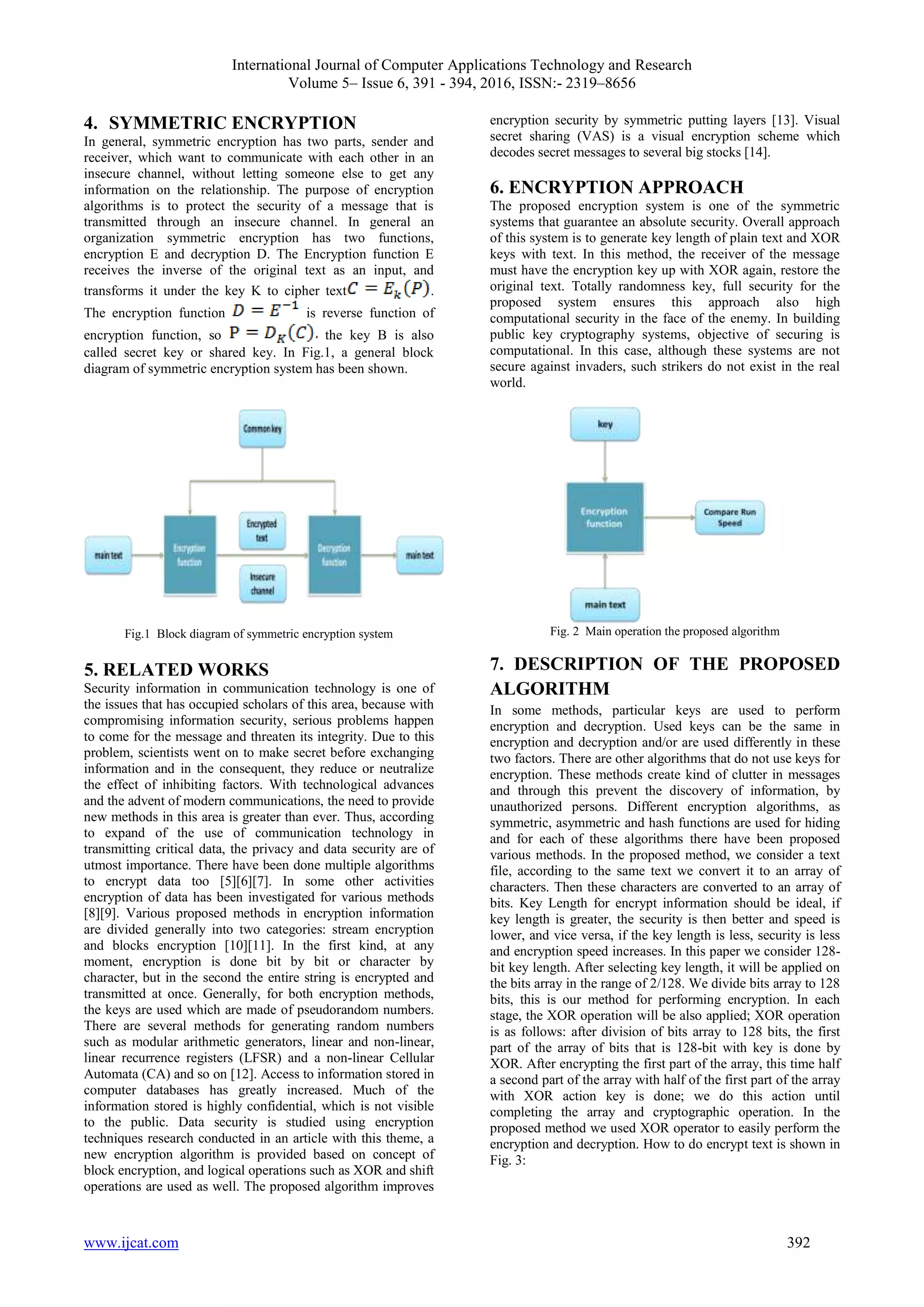 International Journal of Computer Applications Technology and Research Volume 5– Issue 6, 391 - 394, 2016, ISSN:- 2319–8656 www.ijcat.com 392 4. SYMMETRIC ENCRYPTION In general, symmetric encryption has two parts, sender and receiver, which want to communicate with each other in an insecure channel, without letting someone else to get any information on the relationship. The purpose of encryption algorithms is to protect the security of a message that is transmitted through an insecure channel. In general an organization symmetric encryption has two functions, encryption E and decryption D. The Encryption function E receives the inverse of the original text as an input, and transforms it under the key K to cipher text . The encryption function is reverse function of encryption function, so the key B is also called secret key or shared key. In Fig.1, a general block diagram of symmetric encryption system has been shown. Fig.1 Block diagram of symmetric encryption system 5. RELATED WORKS Security information in communication technology is one of the issues that has occupied scholars of this area, because with compromising information security, serious problems happen to come for the message and threaten its integrity. Due to this problem, scientists went on to make secret before exchanging information and in the consequent, they reduce or neutralize the effect of inhibiting factors. With technological advances and the advent of modern communications, the need to provide new methods in this area is greater than ever. Thus, according to expand of the use of communication technology in transmitting critical data, the privacy and data security are of utmost importance. There have been done multiple algorithms to encrypt data too [5][6][7]. In some other activities encryption of data has been investigated for various methods [8][9]. Various proposed methods in encryption information are divided generally into two categories: stream encryption and blocks encryption [10][11]. In the first kind, at any moment, encryption is done bit by bit or character by character, but in the second the entire string is encrypted and transmitted at once. Generally, for both encryption methods, the keys are used which are made of pseudorandom numbers. There are several methods for generating random numbers such as modular arithmetic generators, linear and non-linear, linear recurrence registers (LFSR) and a non-linear Cellular Automata (CA) and so on [12]. Access to information stored in computer databases has greatly increased. Much of the information stored is highly confidential, which is not visible to the public. Data security is studied using encryption techniques research conducted in an article with this theme, a new encryption algorithm is provided based on concept of block encryption, and logical operations such as XOR and shift operations are used as well. The proposed algorithm improves encryption security by symmetric putting layers [13]. Visual secret sharing (VAS) is a visual encryption scheme which decodes secret messages to several big stocks [14]. 6. ENCRYPTION APPROACH The proposed encryption system is one of the symmetric systems that guarantee an absolute security. Overall approach of this system is to generate key length of plain text and XOR keys with text. In this method, the receiver of the message must have the encryption key up with XOR again, restore the original text. Totally randomness key, full security for the proposed system ensures this approach also high computational security in the face of the enemy. In building public key cryptography systems, objective of securing is computational. In this case, although these systems are not secure against invaders, such strikers do not exist in the real world. Fig. 2 Main operation the proposed algorithm 7. DESCRIPTION OF THE PROPOSED ALGORITHM In some methods, particular keys are used to perform encryption and decryption. Used keys can be the same in encryption and decryption and/or are used differently in these two factors. There are other algorithms that do not use keys for encryption. These methods create kind of clutter in messages and through this prevent the discovery of information, by unauthorized persons. Different encryption algorithms, as symmetric, asymmetric and hash functions are used for hiding and for each of these algorithms there have been proposed various methods. In the proposed method, we consider a text file, according to the same text we convert it to an array of characters. Then these characters are converted to an array of bits. Key Length for encrypt information should be ideal, if key length is greater, the security is then better and speed is lower, and vice versa, if the key length is less, security is less and encryption speed increases. In this paper we consider 128- bit key length. After selecting key length, it will be applied on the bits array in the range of 2/128. We divide bits array to 128 bits, this is our method for performing encryption. In each stage, the XOR operation will be also applied; XOR operation is as follows: after division of bits array to 128 bits, the first part of the array of bits that is 128-bit with key is done by XOR. After encrypting the first part of the array, this time half a second part of the array with half of the first part of the array with XOR action key is done; we do this action until completing the array and cryptographic operation. In the proposed method we used XOR operator to easily perform the encryption and decryption. How to do encrypt text is shown in Fig. 3: 