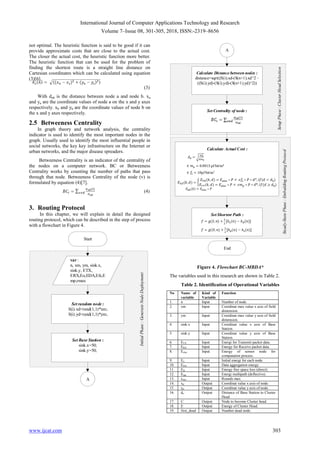 International Journal of Computer Applications Technology and Research
Volume 7–Issue 08, 301-305, 2018, ISSN:-2319–8656
www.ijcat.com 303
not optimal. The heuristic function is said to be good if it can
provide approximate costs that are close to the actual cost.
The closer the actual cost, the heuristic function more better.
The heuristic function that can be used for the problem of
finding the shortest route is a straight line distance on
Cartesian coordinates which can be calculated using equation
(3)[6].
(3)
With dab is the distance between node a and node b. xa
and ya are the coordinate values of node a on the x and y axes
respectively. xb and yb are the coordinate values of node b on
the x and y axes respectively.
2.5 Betweeness Centrality
In graph theory and network analysis, the centrality
indicator is used to identify the most important nodes in the
graph. Usually used to identify the most influential people in
social networks, the key key infrastructure on the Internet or
urban networks, and the major disease spreaders.
Betweeness Centrality is an indicator of the centrality of
the nodes on a computer network. BC or Betweeness
Centrality works by counting the number of paths that pass
through that node. Betweeness Centrality of the node (v) is
formulated by equation (4)[7].
(4)
3. Routing Protocol
In this chapter, we will explain in detail the designed
routing protocol, which can be described in the step of process
with a flowchart in Figure 4.
Start
var :
n, xm, ym, sink.x,
sink.y, ETX,
ERX,Eo,EDA,Efs,E
mp,rmax
Set random node :
S(i).xd=rand(1,1)*xm;
S(i).yd=rand(1,1)*ym;
Set Base Station :
sink.x=50;
sink.y=50;
Initial
Phase
:
Generate
Node
Deployment
A
Calculate Distance between nodes :
distance=sqrt((S(i).xd-(S(n+1).xd^2 –
((S(i).yd)-(S(i).yd)-(S(n+1).yd)^2))
Set Centrality of node :
Calculate Actual Cost :
Set Shortest Path :
End
Setup
Phase
:
Cluster
Head
Selection
Steady-State
Phase
:
Embedding
Routing
Protocol
A
Figure 4. Flowchart BC-MBDA*
The variables used in this research are shown in Table 2.
Table 2. Identification of Operational Variables
No Name of
variable
Kind of
Variable
Function
1. n Input Number of node.
2. xm Input Coordinat max value x axis of field
dimension.
3. ym Input Coordinat max value y axis of field
dimension.
4. sink.x Input Coordinat value x axis of Base
Station.
5. sink.y Input Coordinat value y axis of Base
Station.
6. ETX Input Energi for Transmit packet data.
7. ERX Input Energy for Receive packet data.
8. Eelec Input Energy of sensor node for
computation process.
9. Eo Input Initial energi for each node.
10. EDA Input Data aggregation energy.
11. Efs Input Energy free space loss (direct).
12. Emp Input Energi multipath (deflective).
13. rmax Input Rounds max.
14. xd Output Coordinat value x axis of node.
15. yd Output Coordinat value y axis of node.
16. do Output Distance of Base Station to Cluster
Head.
17. C Output Node to become Cluster head.
18. E Output Energy of Cluster Head.
19. first_dead Output Number dead node.
 
