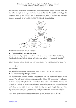 International Journal of Computer Applications Technology and Research
Volume 7–Issue 08, 341-356, 2018, ISSN:-2319–8656
www.ijcat.com 351
The maximum value of this measure occurs when one concept is the left-most leaf node, and
the other concept is the right-most leaf node in the tree. In ICD10 terminology the
maximum value is log2 ([22-1]*[5-1] + 2) equal 6.4262647547. Therefore, the similarity
distance values will be in [1.0000, 6.4262647547] in ICD10 terminology.
Figure 2. Hierarchy tree of eight concepts.
1) The single-cluster path length feature:
From our taxonomy (Figure 2), We can calculate the similarity between classes C1 and C2 as the following:
Path length (Congestive heart failure, Left ventricular failure) = 1 “using node counting”
CSpec (Congestive heart failure, Left ventricular failure) = D – depth (LCS (Heart failure))
= 5 – 4 = 1
So, similarity
Sim (Congestive heart failure, Left ventricular failure) = log2([3 - 1]1
× [1]1
+ 2) = log2(4) = 2
2) The cross-cluster path length feature:
Let us conceder the example, shown in Figure 3 below. The root is node that connects all the
clusters. The path length between two concept nodes (C1 and C2) is computed by adding up
the two shortest path lengths from the two nodes to their LCS node (their LCS is the root). For
example, in Figure 1, for the two concept nodes (Heart failure, unspecified, Atrial fibrillation
and flutter), the LCS is the root ICD-10. So, the path length between Pure
hypercholesterolaemia, and Lymph nodes of head, face and neck is calculated as follows:
Path (Pure hypercholesterolaemia, Lymph nodes of head, face and neck) = d1 + d2 -1
 