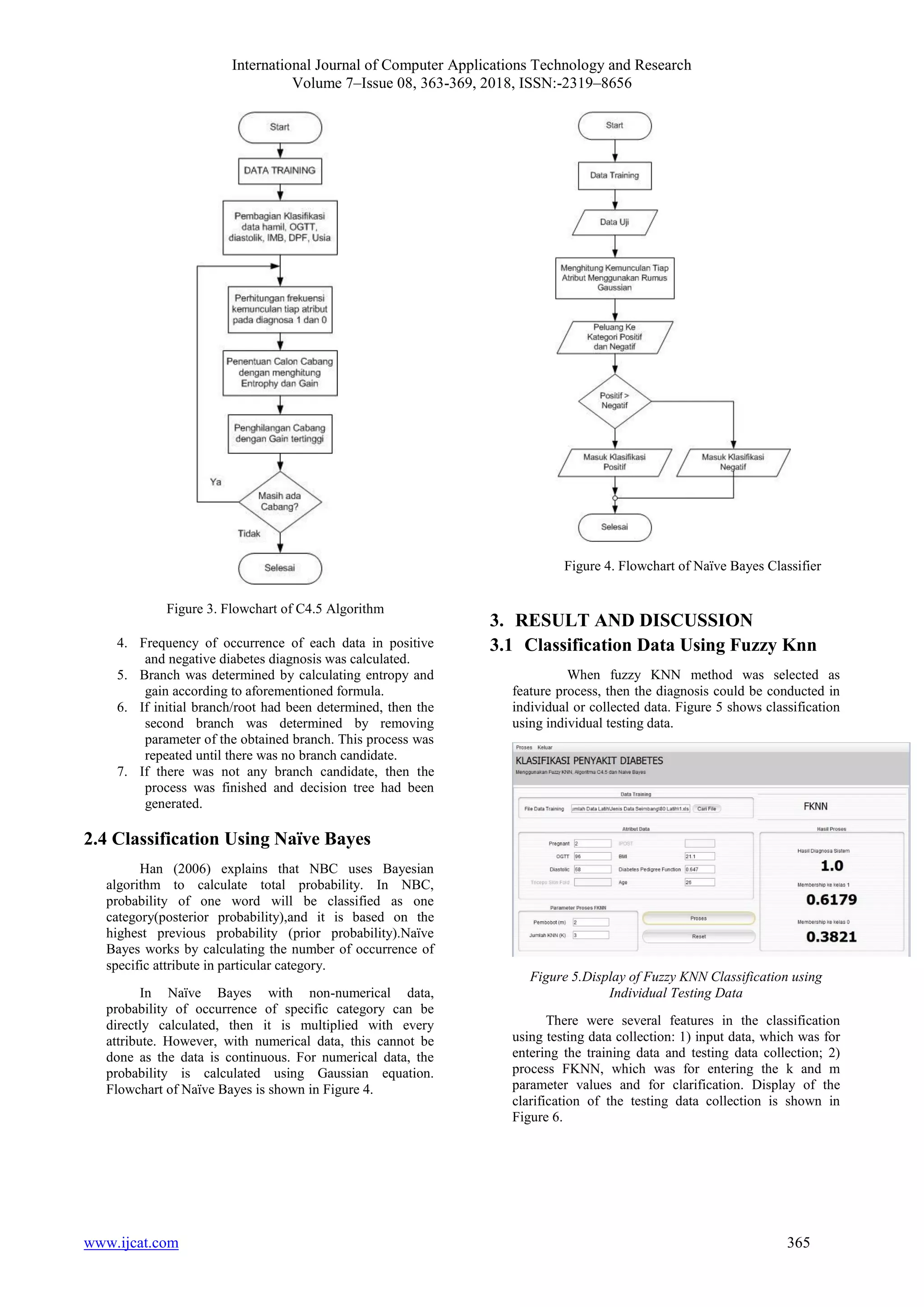 International Journal of Computer Applications Technology and Research
Volume 7–Issue 08, 363-369, 2018, ISSN:-2319–8656
www.ijcat.com 365
Figure 3. Flowchart of C4.5 Algorithm
4. Frequency of occurrence of each data in positive
and negative diabetes diagnosis was calculated.
5. Branch was determined by calculating entropy and
gain according to aforementioned formula.
6. If initial branch/root had been determined, then the
second branch was determined by removing
parameter of the obtained branch. This process was
repeated until there was no branch candidate.
7. If there was not any branch candidate, then the
process was finished and decision tree had been
generated.
2.4 Classification Using Naïve Bayes
Han (2006) explains that NBC uses Bayesian
algorithm to calculate total probability. In NBC,
probability of one word will be classified as one
category(posterior probability),and it is based on the
highest previous probability (prior probability).Naïve
Bayes works by calculating the number of occurrence of
specific attribute in particular category.
In Naïve Bayes with non-numerical data,
probability of occurrence of specific category can be
directly calculated, then it is multiplied with every
attribute. However, with numerical data, this cannot be
done as the data is continuous. For numerical data, the
probability is calculated using Gaussian equation.
Flowchart of Naïve Bayes is shown in Figure 4.
Figure 4. Flowchart of Naïve Bayes Classifier
3. RESULT AND DISCUSSION
3.1 Classification Data Using Fuzzy Knn
When fuzzy KNN method was selected as
feature process, then the diagnosis could be conducted in
individual or collected data. Figure 5 shows classification
using individual testing data.
Figure 5.Display of Fuzzy KNN Classification using
Individual Testing Data
There were several features in the classification
using testing data collection: 1) input data, which was for
entering the training data and testing data collection; 2)
process FKNN, which was for entering the k and m
parameter values and for clarification. Display of the
clarification of the testing data collection is shown in
Figure 6.
 