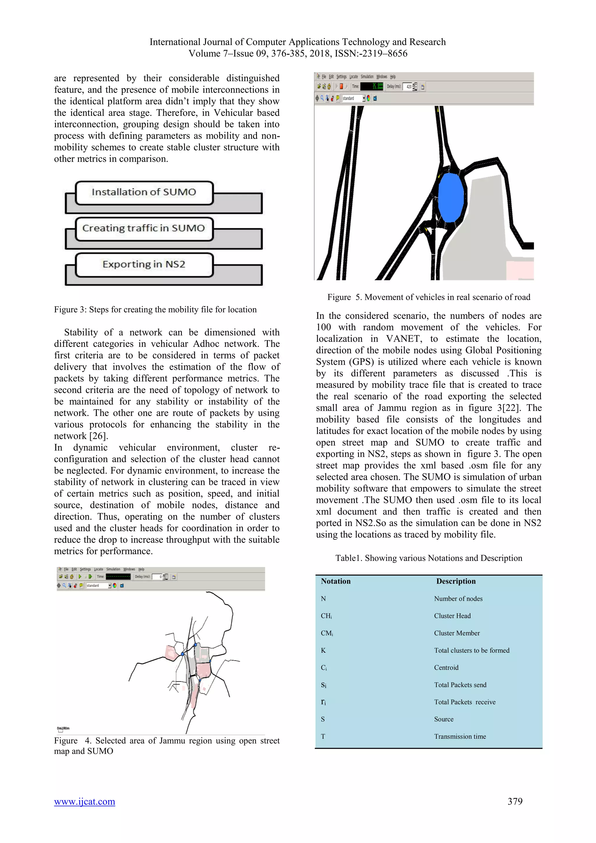 International Journal of Computer Applications Technology and Research
Volume 7–Issue 09, 376-385, 2018, ISSN:-2319–8656
www.ijcat.com 379
are represented by their considerable distinguished
feature, and the presence of mobile interconnections in
the identical platform area didn’t imply that they show
the identical area stage. Therefore, in Vehicular based
interconnection, grouping design should be taken into
process with defining parameters as mobility and non-
mobility schemes to create stable cluster structure with
other metrics in comparison.
Figure 3: Steps for creating the mobility file for location
Stability of a network can be dimensioned with
different categories in vehicular Adhoc network. The
first criteria are to be considered in terms of packet
delivery that involves the estimation of the flow of
packets by taking different performance metrics. The
second criteria are the need of topology of network to
be maintained for any stability or instability of the
network. The other one are route of packets by using
various protocols for enhancing the stability in the
network [26].
In dynamic vehicular environment, cluster re-
configuration and selection of the cluster head cannot
be neglected. For dynamic environment, to increase the
stability of network in clustering can be traced in view
of certain metrics such as position, speed, and initial
source, destination of mobile nodes, distance and
direction. Thus, operating on the number of clusters
used and the cluster heads for coordination in order to
reduce the drop to increase throughput with the suitable
metrics for performance.
Figure 4. Selected area of Jammu region using open street
map and SUMO
Figure 5. Movement of vehicles in real scenario of road
In the considered scenario, the numbers of nodes are
100 with random movement of the vehicles. For
localization in VANET, to estimate the location,
direction of the mobile nodes using Global Positioning
System (GPS) is utilized where each vehicle is known
by its different parameters as discussed .This is
measured by mobility trace file that is created to trace
the real scenario of the road exporting the selected
small area of Jammu region as in figure 3[22]. The
mobility based file consists of the longitudes and
latitudes for exact location of the mobile nodes by using
open street map and SUMO to create traffic and
exporting in NS2, steps as shown in figure 3. The open
street map provides the xml based .osm file for any
selected area chosen. The SUMO is simulation of urban
mobility software that empowers to simulate the street
movement .The SUMO then used .osm file to its local
xml document and then traffic is created and then
ported in NS2.So as the simulation can be done in NS2
using the locations as traced by mobility file.
Table1. Showing various Notations and Description
Notation Description
N Number of nodes
CHᵢ Cluster Head
CMᵢ Cluster Member
K Total clusters to be formed
Cᵢ Centroid
sᵢ Total Packets send
rᵢ Total Packets receive
S Source
T Transmission time
 