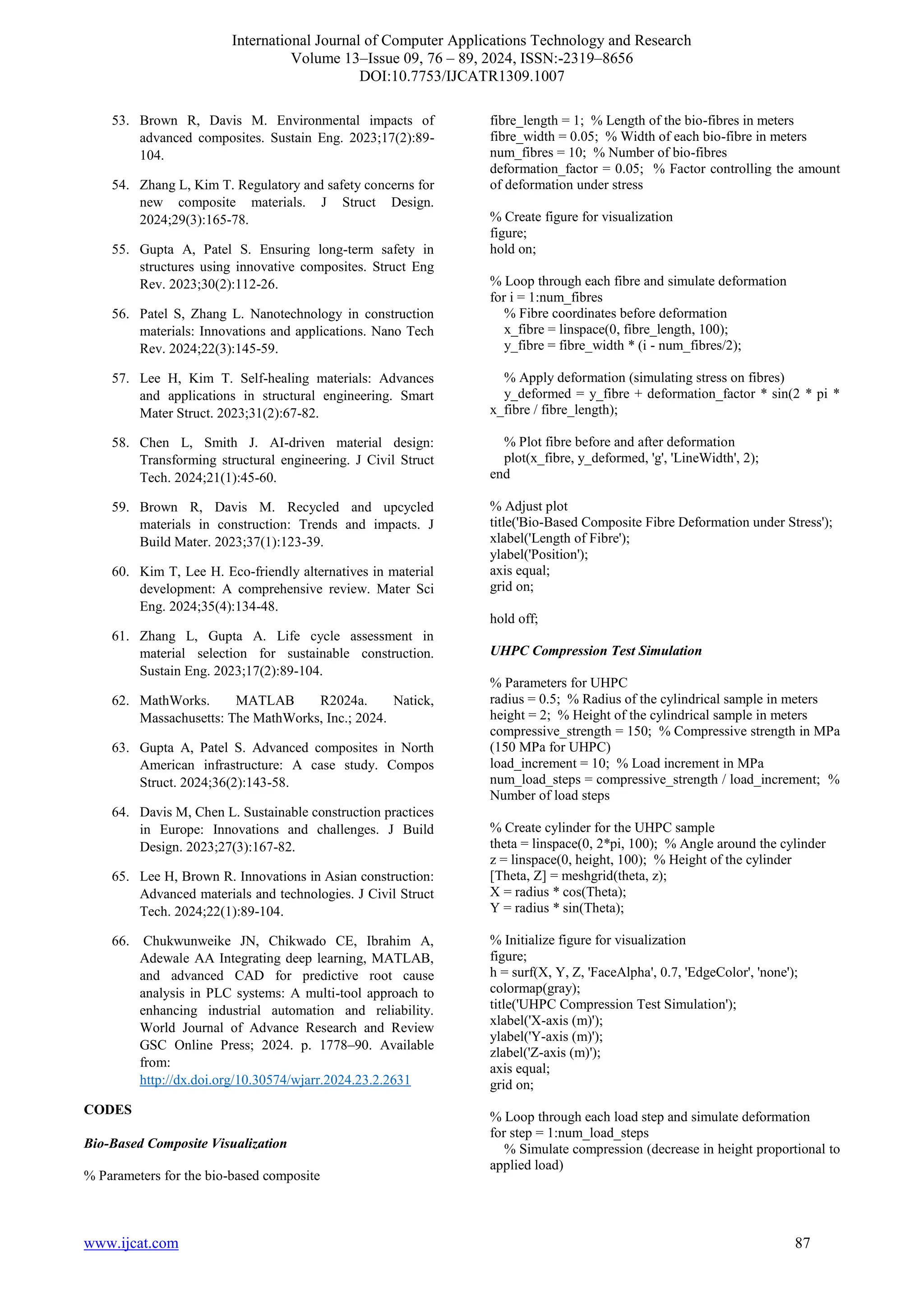 International Journal of Computer Applications Technology and Research
Volume 13–Issue 09, 76 – 89, 2024, ISSN:-2319–8656
DOI:10.7753/IJCATR1309.1007
www.ijcat.com 87
53. Brown R, Davis M. Environmental impacts of
advanced composites. Sustain Eng. 2023;17(2):89-
104.
54. Zhang L, Kim T. Regulatory and safety concerns for
new composite materials. J Struct Design.
2024;29(3):165-78.
55. Gupta A, Patel S. Ensuring long-term safety in
structures using innovative composites. Struct Eng
Rev. 2023;30(2):112-26.
56. Patel S, Zhang L. Nanotechnology in construction
materials: Innovations and applications. Nano Tech
Rev. 2024;22(3):145-59.
57. Lee H, Kim T. Self-healing materials: Advances
and applications in structural engineering. Smart
Mater Struct. 2023;31(2):67-82.
58. Chen L, Smith J. AI-driven material design:
Transforming structural engineering. J Civil Struct
Tech. 2024;21(1):45-60.
59. Brown R, Davis M. Recycled and upcycled
materials in construction: Trends and impacts. J
Build Mater. 2023;37(1):123-39.
60. Kim T, Lee H. Eco-friendly alternatives in material
development: A comprehensive review. Mater Sci
Eng. 2024;35(4):134-48.
61. Zhang L, Gupta A. Life cycle assessment in
material selection for sustainable construction.
Sustain Eng. 2023;17(2):89-104.
62. MathWorks. MATLAB R2024a. Natick,
Massachusetts: The MathWorks, Inc.; 2024.
63. Gupta A, Patel S. Advanced composites in North
American infrastructure: A case study. Compos
Struct. 2024;36(2):143-58.
64. Davis M, Chen L. Sustainable construction practices
in Europe: Innovations and challenges. J Build
Design. 2023;27(3):167-82.
65. Lee H, Brown R. Innovations in Asian construction:
Advanced materials and technologies. J Civil Struct
Tech. 2024;22(1):89-104.
66. Chukwunweike JN, Chikwado CE, Ibrahim A,
Adewale AA Integrating deep learning, MATLAB,
and advanced CAD for predictive root cause
analysis in PLC systems: A multi-tool approach to
enhancing industrial automation and reliability.
World Journal of Advance Research and Review
GSC Online Press; 2024. p. 1778–90. Available
from:
http://dx.doi.org/10.30574/wjarr.2024.23.2.2631
CODES
Bio-Based Composite Visualization
% Parameters for the bio-based composite
fibre_length = 1; % Length of the bio-fibres in meters
fibre_width = 0.05; % Width of each bio-fibre in meters
num_fibres = 10; % Number of bio-fibres
deformation_factor = 0.05; % Factor controlling the amount
of deformation under stress
% Create figure for visualization
figure;
hold on;
% Loop through each fibre and simulate deformation
for i = 1:num_fibres
% Fibre coordinates before deformation
x_fibre = linspace(0, fibre_length, 100);
y_fibre = fibre_width * (i - num_fibres/2);
% Apply deformation (simulating stress on fibres)
y_deformed = y_fibre + deformation_factor * sin(2 * pi *
x_fibre / fibre_length);
% Plot fibre before and after deformation
plot(x_fibre, y_deformed, 'g', 'LineWidth', 2);
end
% Adjust plot
title('Bio-Based Composite Fibre Deformation under Stress');
xlabel('Length of Fibre');
ylabel('Position');
axis equal;
grid on;
hold off;
UHPC Compression Test Simulation
% Parameters for UHPC
radius = 0.5; % Radius of the cylindrical sample in meters
height = 2; % Height of the cylindrical sample in meters
compressive_strength = 150; % Compressive strength in MPa
(150 MPa for UHPC)
load_increment = 10; % Load increment in MPa
num_load_steps = compressive_strength / load_increment; %
Number of load steps
% Create cylinder for the UHPC sample
theta = linspace(0, 2*pi, 100); % Angle around the cylinder
z = linspace(0, height, 100); % Height of the cylinder
[Theta, Z] = meshgrid(theta, z);
X = radius * cos(Theta);
Y = radius * sin(Theta);
% Initialize figure for visualization
figure;
h = surf(X, Y, Z, 'FaceAlpha', 0.7, 'EdgeColor', 'none');
colormap(gray);
title('UHPC Compression Test Simulation');
xlabel('X-axis (m)');
ylabel('Y-axis (m)');
zlabel('Z-axis (m)');
axis equal;
grid on;
% Loop through each load step and simulate deformation
for step = 1:num_load_steps
% Simulate compression (decrease in height proportional to
applied load)
 